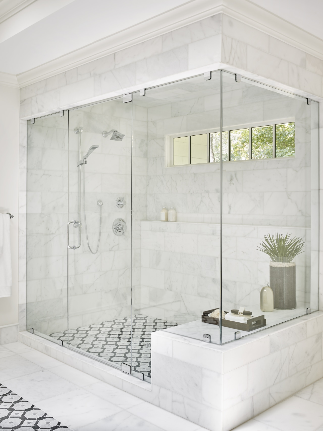 ​​​​​​​A combination of fixed showerhead and an adjustable bathroom, floor, glass, plumbing fixture, shower, tap, tile, white, enclosed shower, Mark Williams Design