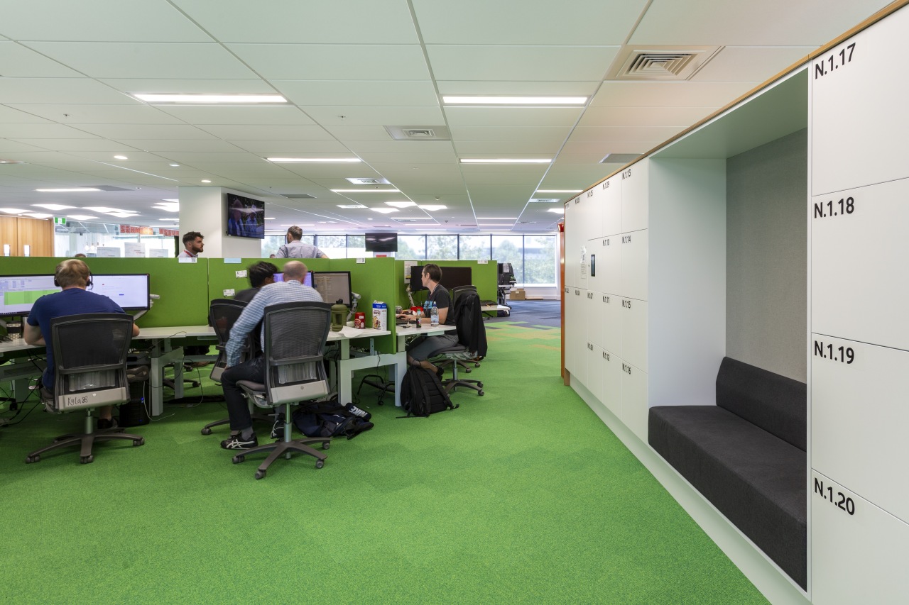 For the Vodafone fit-out, commercial furniture specialists Vidak office, room, gray, green, Vodafone fit-out, commercial furniture, Vidak, smart desking, smart lockers