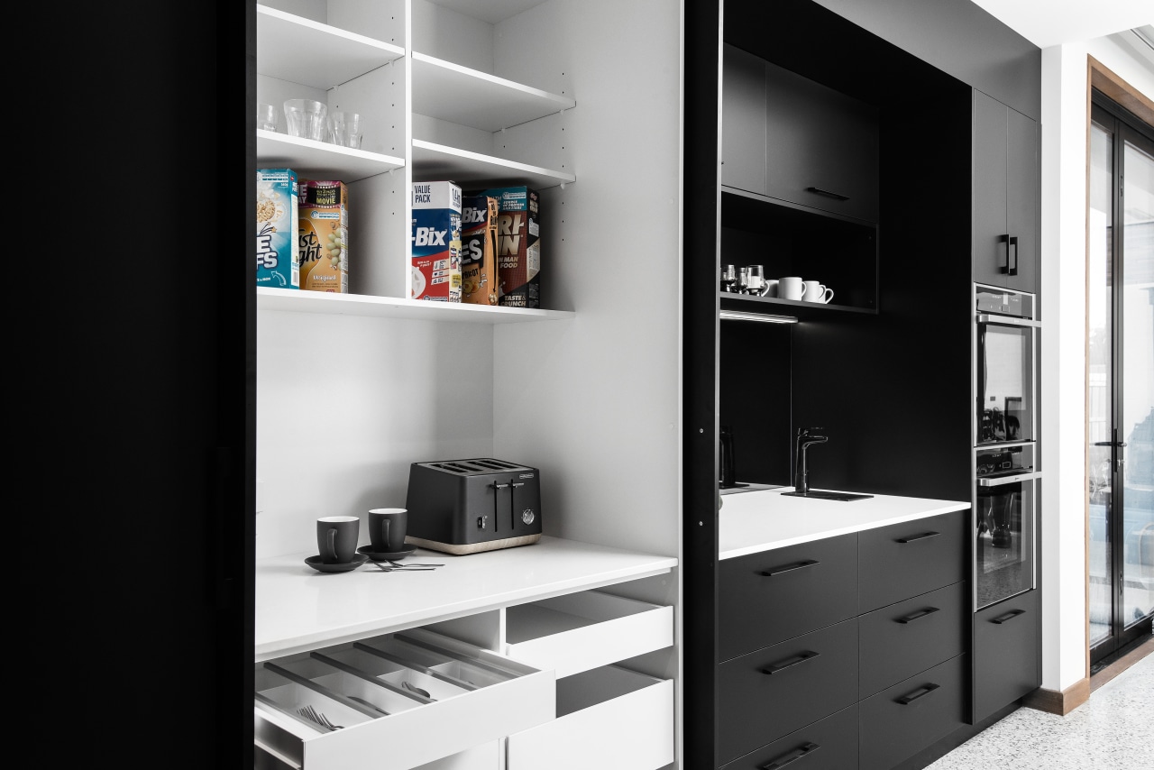 ​​​​​​​Storage was not a problem in this kitchen black, black-and-white, storeage, cabinetry, cupboard, monochrome, self, shelving, black, white, Impact Kitchens