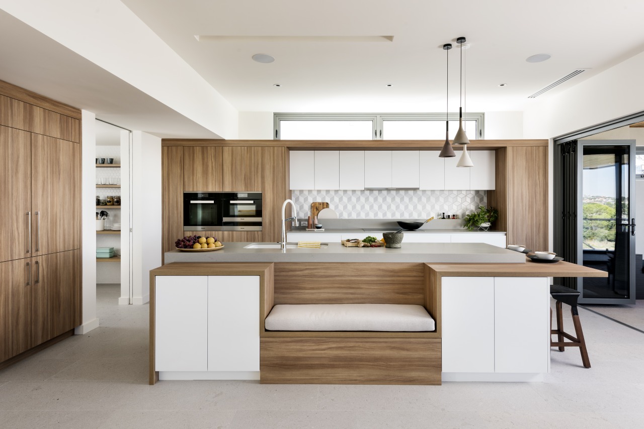 ​​​​​​​For this kitchen by interior architect and kitchen architecture, cabinetry, countertop, benchtop, cuisine classique, cupboard, floor, furniture, hardwood, kitchen, lighting, material property, plywood, table, wood, white, Nadia Clark