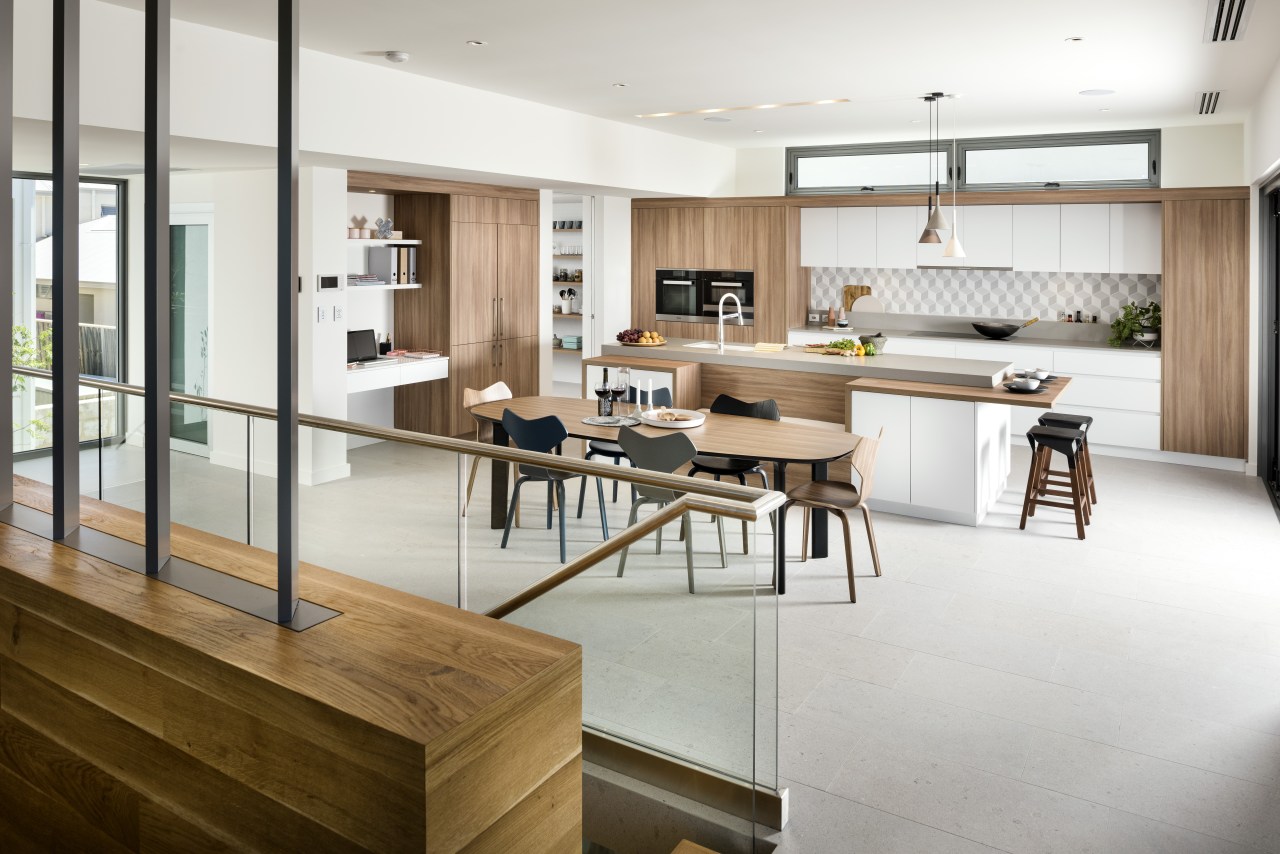 This quintessential modern kitchen by interior architect and architecture, cabinetry, countertop, benchtop, design, dining room, flooring, furniture, hardwood, home, house, interior design, kitchen, living room, wood, wood flooring, white, gray, Riverstone Custom Homes