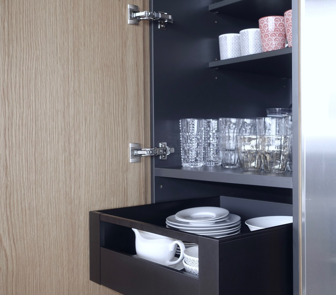 ​​​​​​​Over-extending soft-close cabinet door hinges provide for easy, Kitchen, Drawer, storeage, black, interior design, shelf, Eliska Lewis Architects