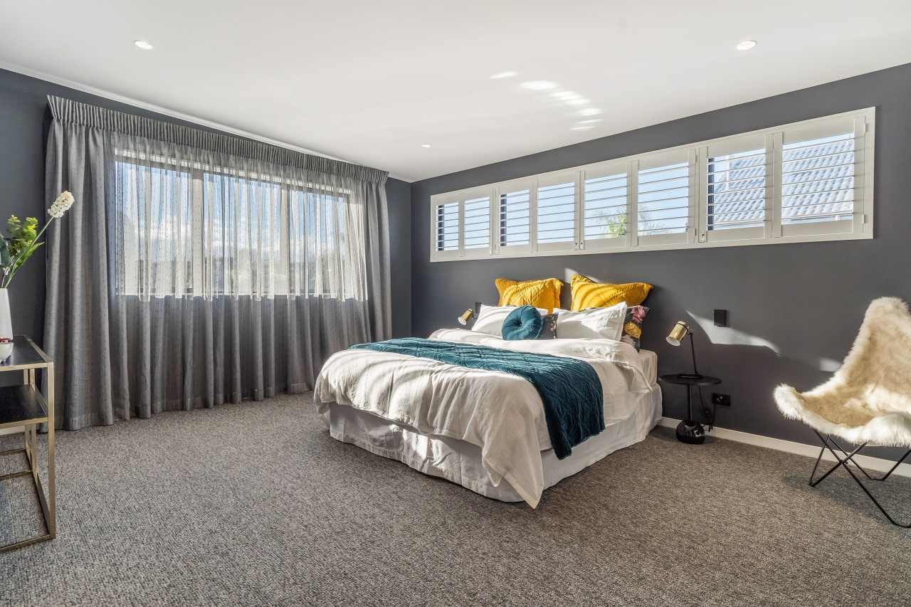 ​​​​​​​The designers wanted to add colour to this bedroom, carpet, furniture, home, house, interior design, bedroom, suite, window treatment, yellowfox, resene paints