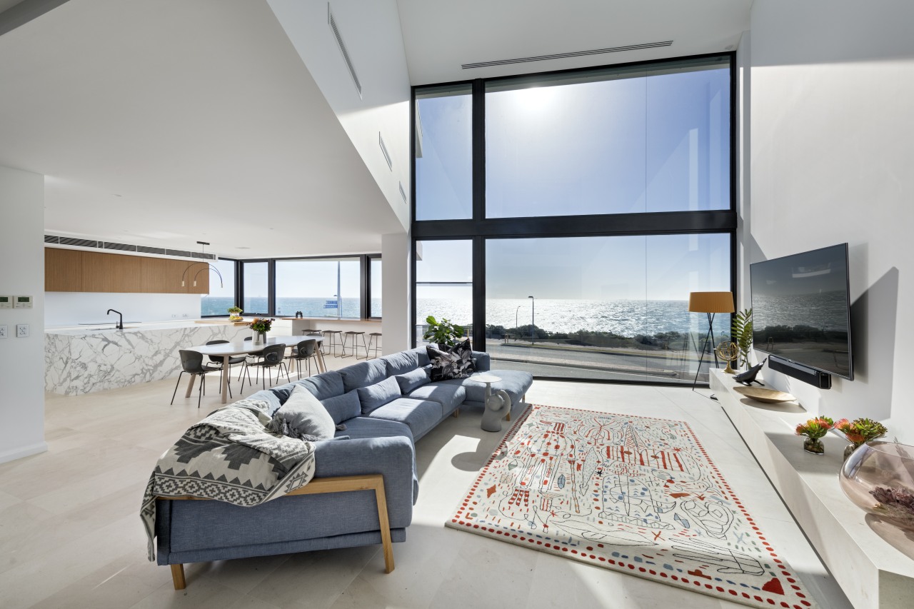 ​​​​​​​This kitchen and dining area volume in a coffee table, design, flooring, furniture, interior design, living room, loft, penthouse apartment, table, Urbane Projects, double height ceiling