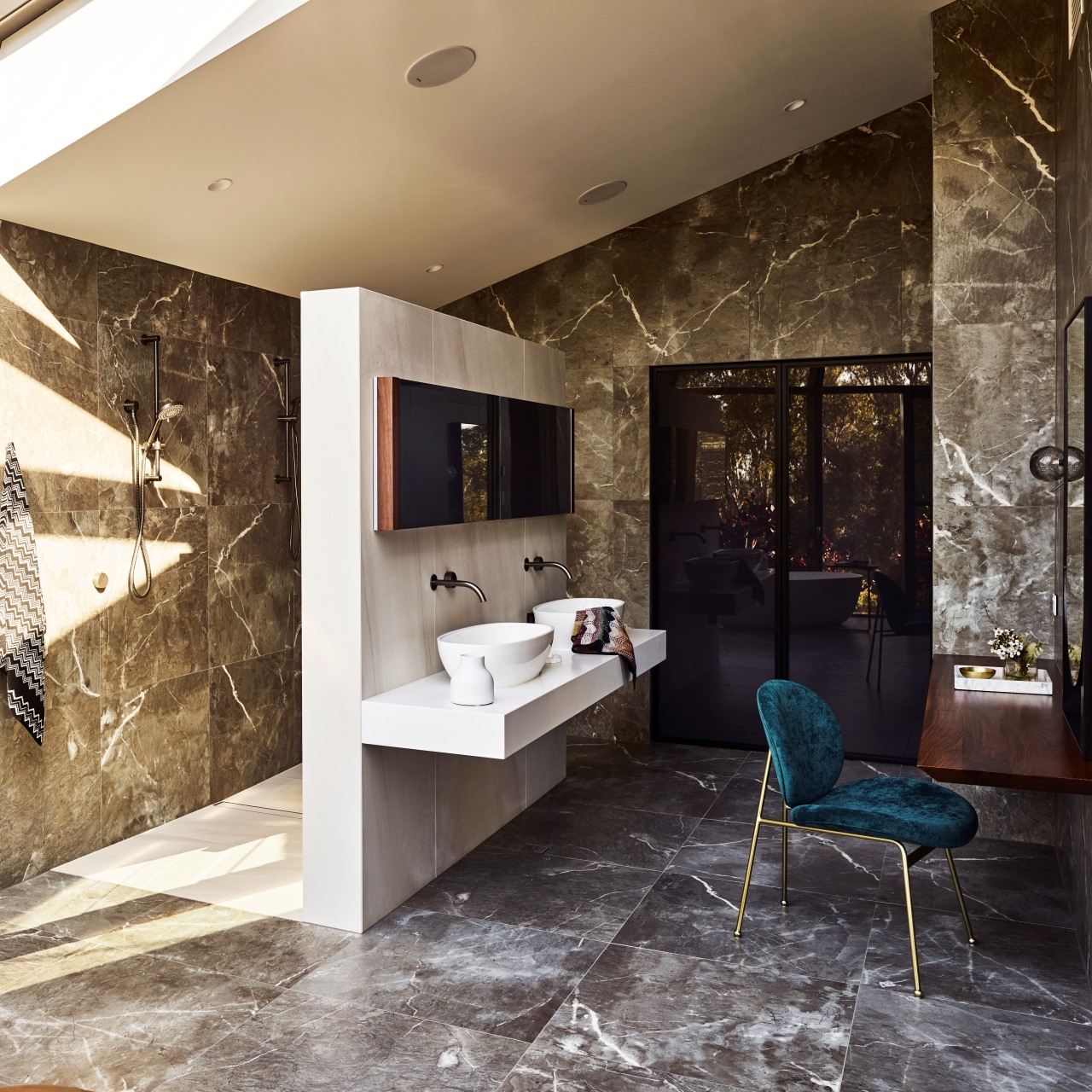 For this master ensuite, designer Darren James concealed architecture, bathroom, design, floor, flooring, furniture, interior design, lighting, tiled wall, Darren James, Bathroom, master suite