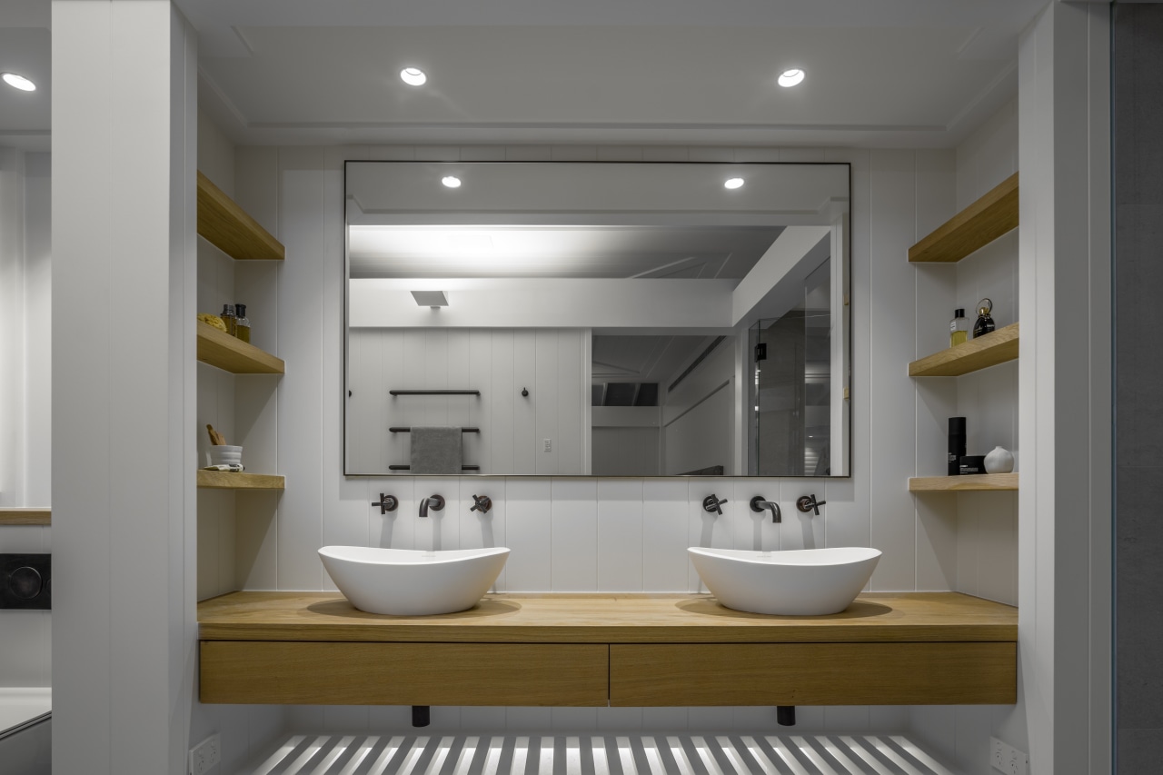 ​​​​​​​This bathroom design reflects the new home’s classic-Hamptons-with-a-twist architecture, bathroom, bathroom accessory, bathroom cabinet, bathtub, home, house, interior design, plumbing fixture, double sinks, french oak vHither Consultinganity, 