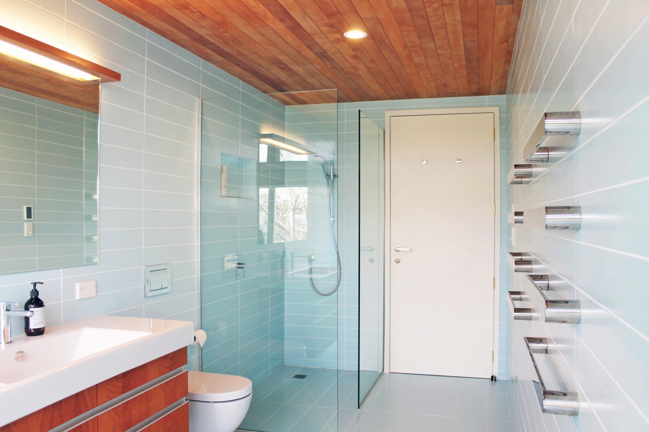 ​​​​​​​For this bathroom, the timber is a favourite architecture, bathroom, home, house, interior design, plumbing fixture, shower, timber ceiling, tiles, subway, blue, Frans Kamermans