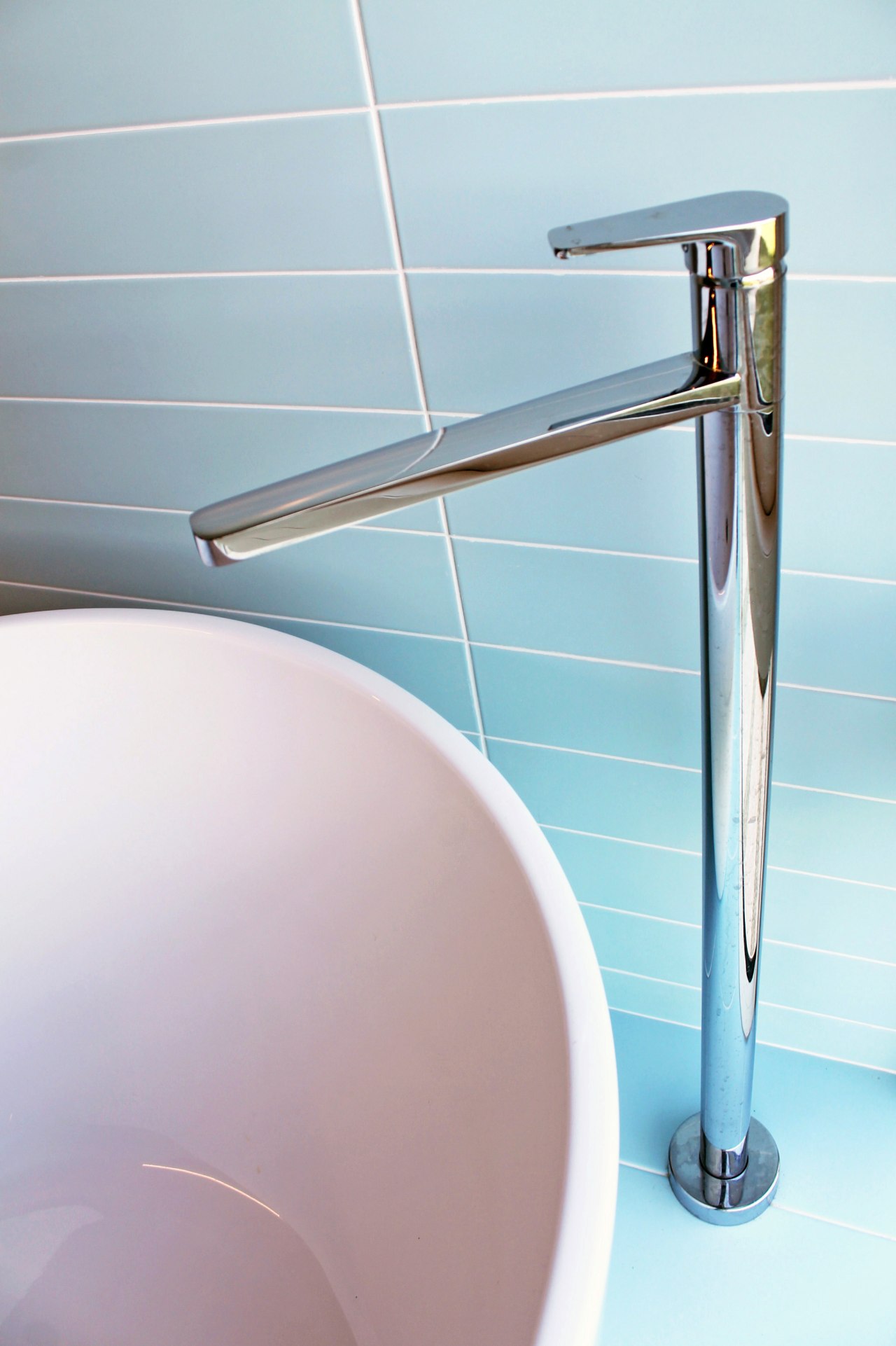 ​​​​​​​Chrome tapware and pale blue tilework are just bathroom, plumbing fixture, tap, faucet, Frans Kamermans