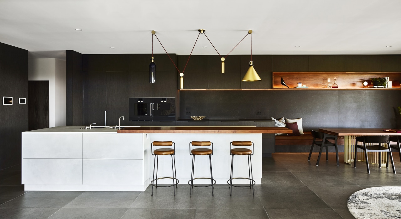 ​​​​​​​Looking a little like a perfectly balanced abstract architecture, bar stool, cabinetry, countertop, benchtop, floor, flooring, home, house, interior design, kitchen, Darren James, wood veneer, bar stools