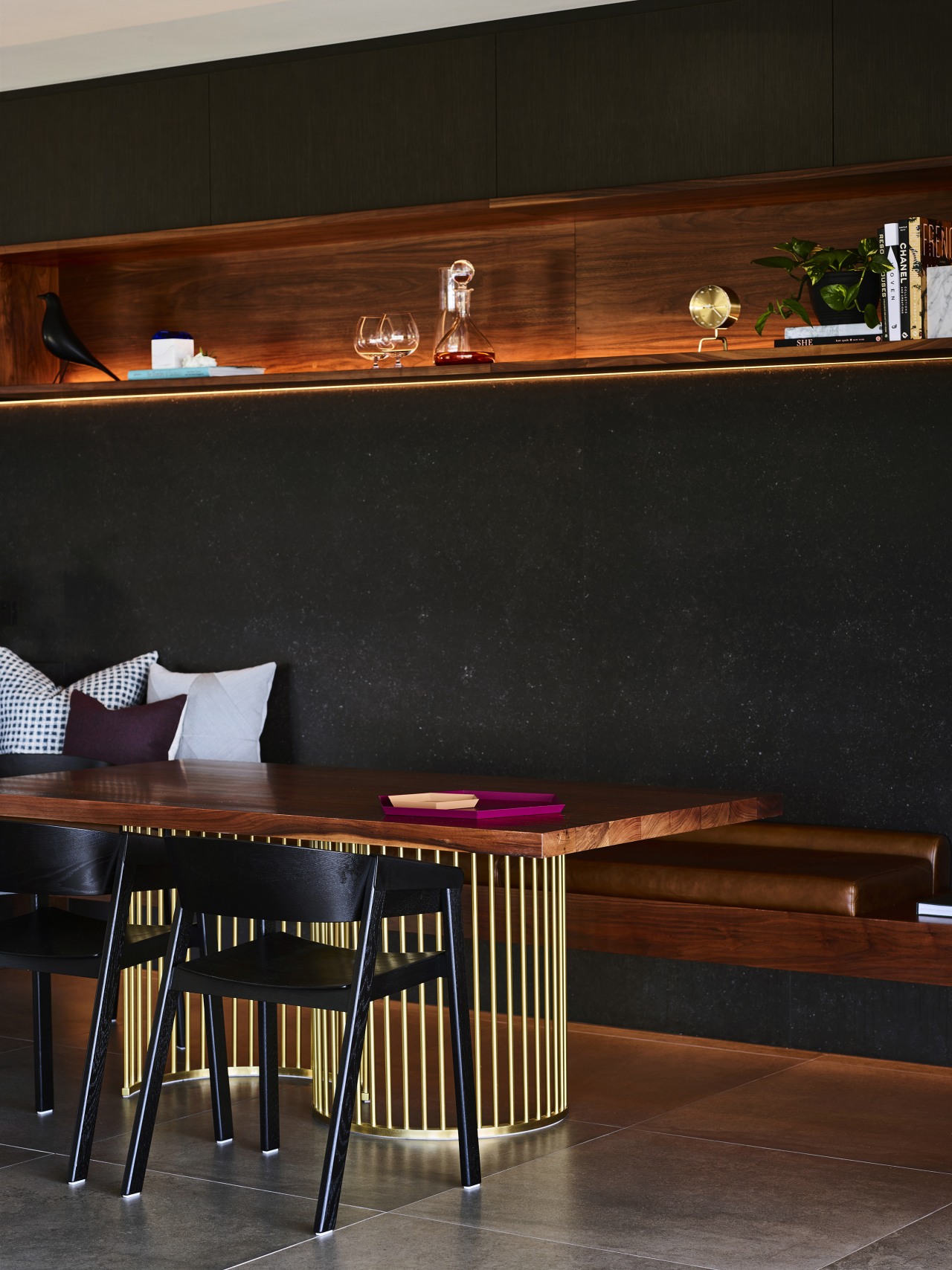 ​​​​​​​In this kitchen, a curvaceous table base in architecture, furniture, interior design, kitchen & dining room table, brass base, bench seating, kitchen, Darren James