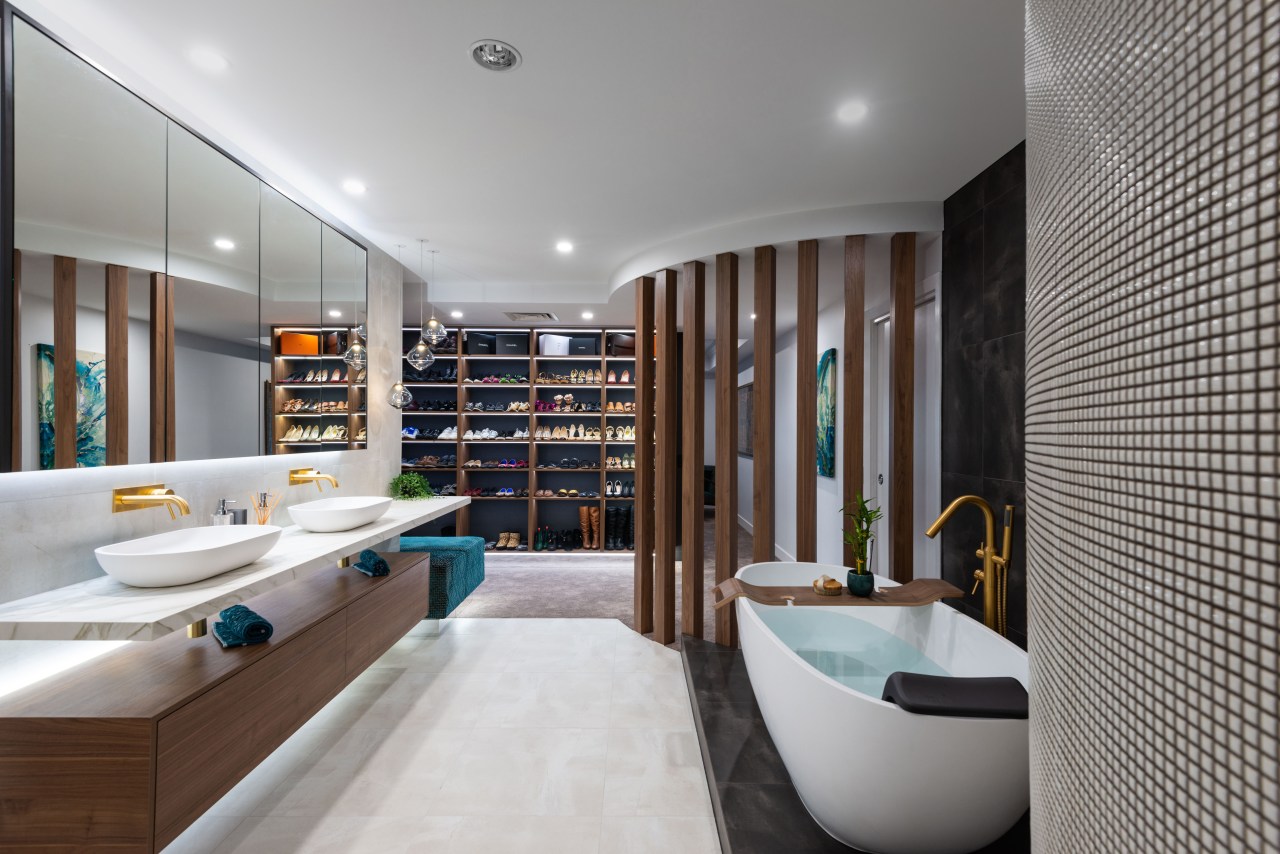 A master class in bringing light and life architecture, bathroom, bathtub, building, ceiling, floor, furniture, home, house, interior design, plumbing fixture, property, real estate, room, sink, tap, tile, gray