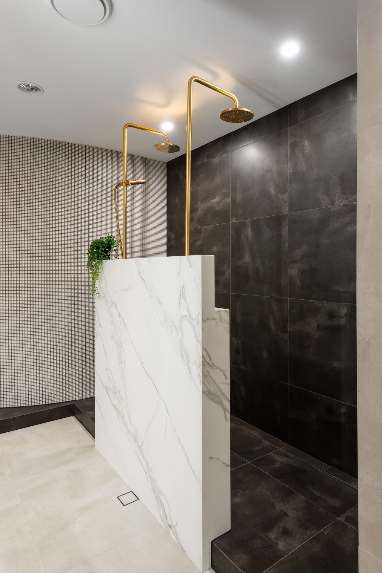 ​​​​​​​In further pursuit of lightness for this master architecture, bathroom, floor, flooring, glass, interior design, marble, material property, property, room, tile, wall, gray, black