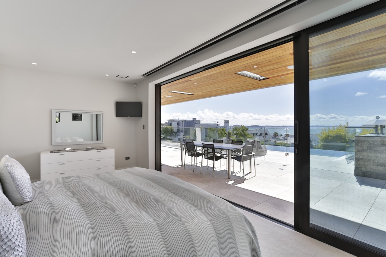 This master bedroom in a harbourview home is gray