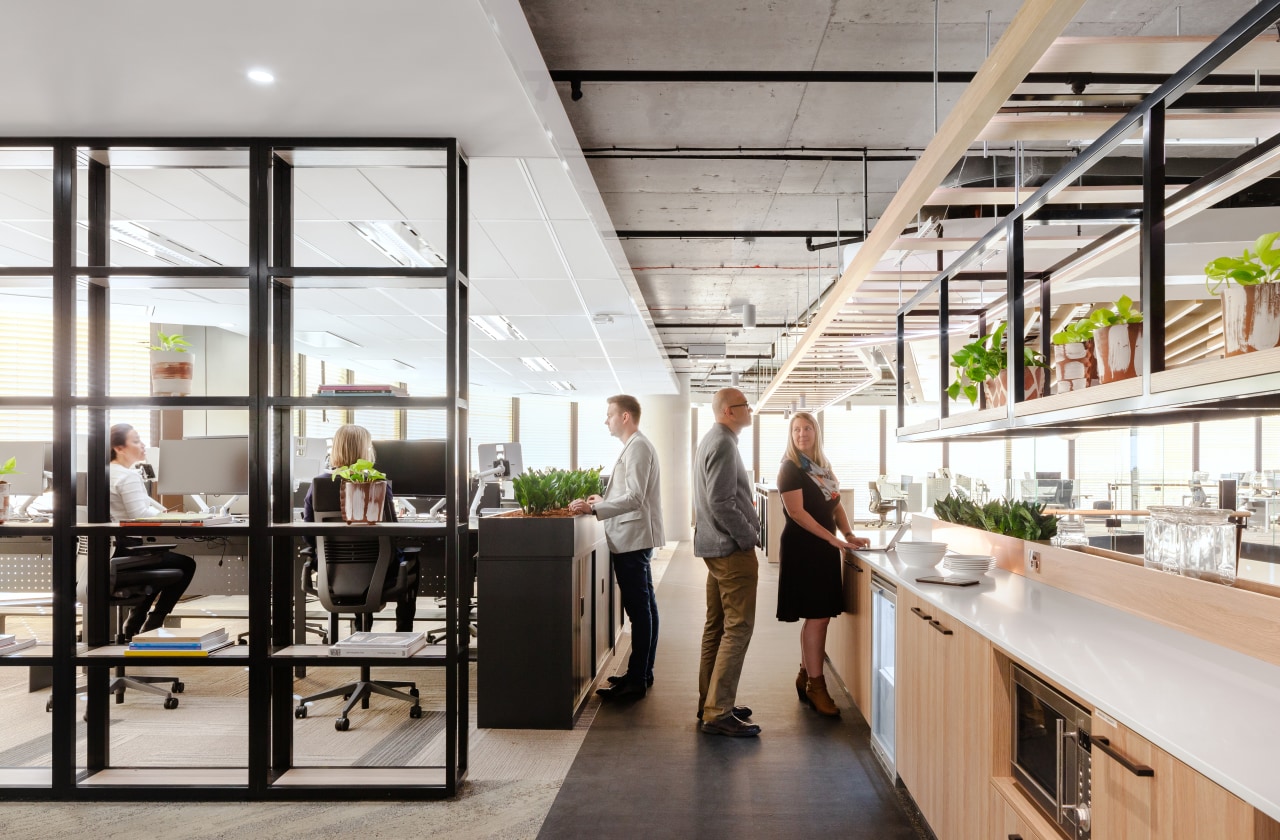 Mirvac’s sunny level 30 kitchen facilities in the architecture, building, ceiling, daylighting, design, floor, furniture, interior design, loft, office, real estate, room, gray