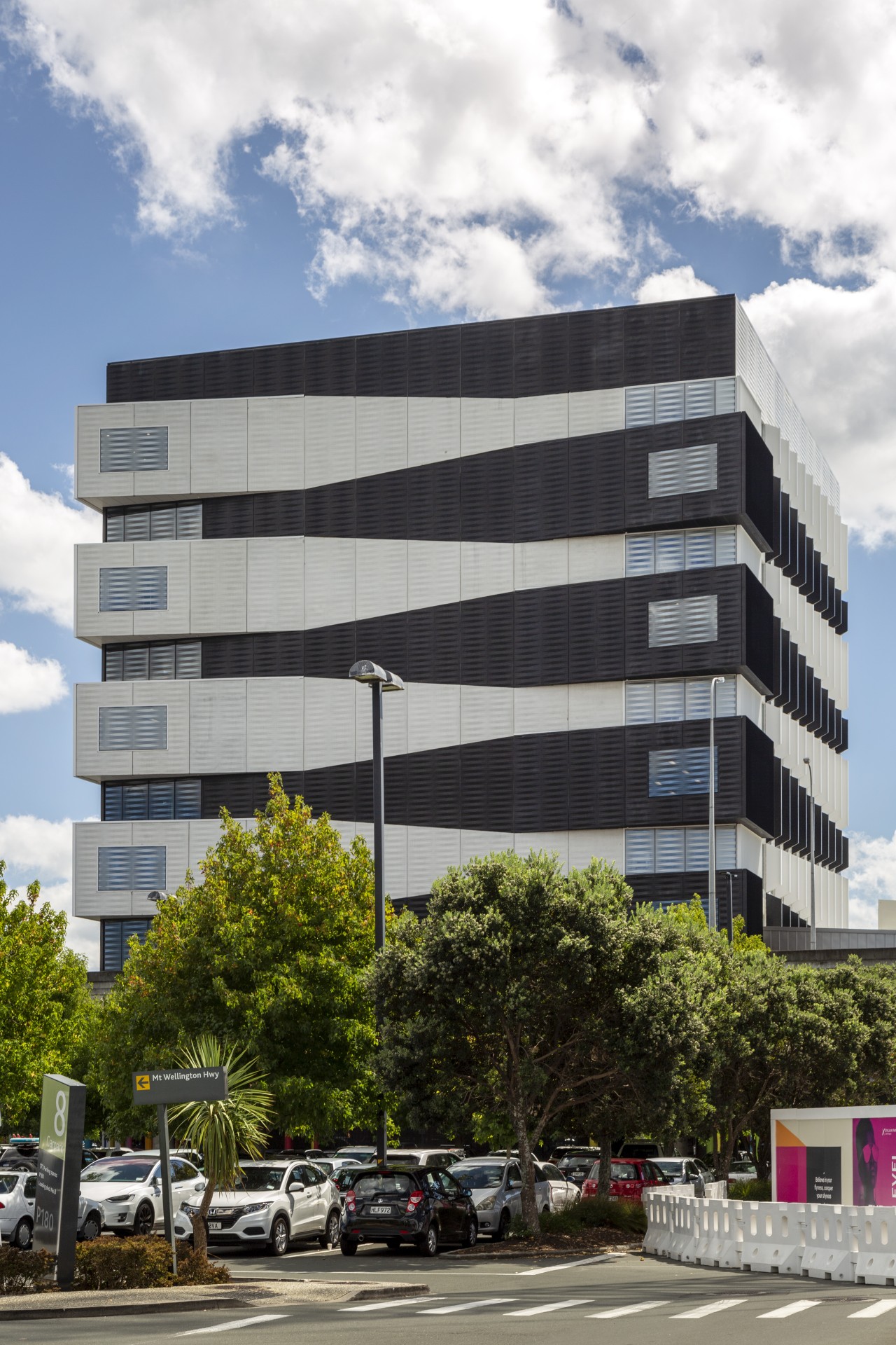 Alternating black and white projections on the south architecture, building, commercial building, corporate headquarters, windows, facade, headquarters, urban design, south facade, No 1 Sylvia Park