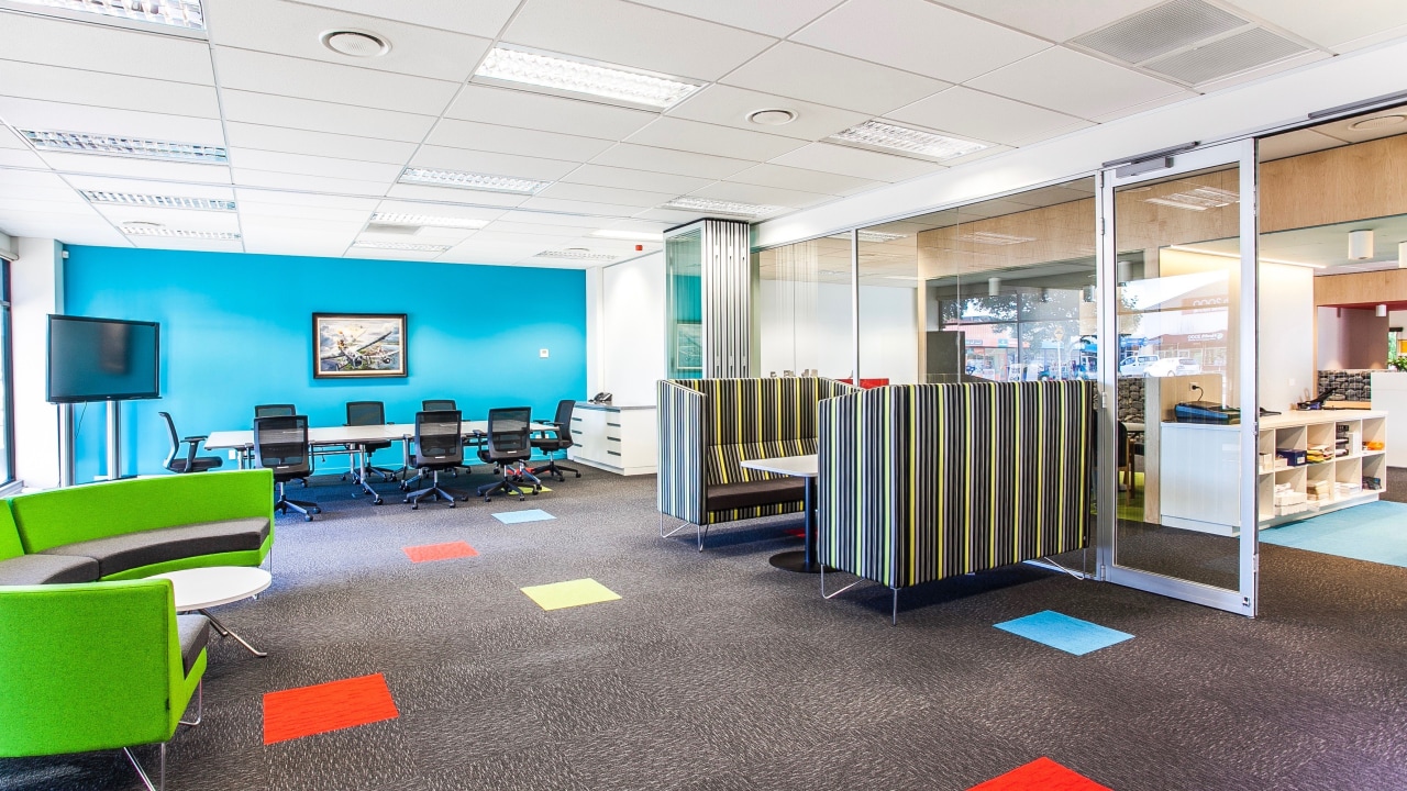 The lively fit-out for the offices of Palmerston architecture, building, ceiling, floor, flooring, furniture, interior design, office, real estate, room, white