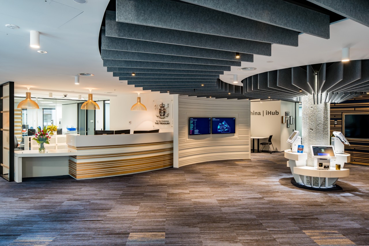 The fit-out of Treasury’s new offices in the Workspace Architects, architecture, building, lobby, flooring, interior design, wood flooring,