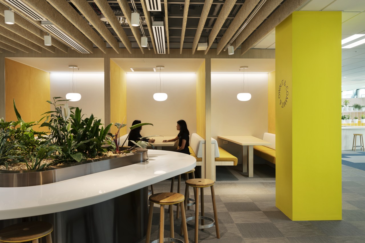 Designed by Warren and Mahoney, Mercury's new offices Mercury, Warren and Mahoney, architecture, building, design, flooring, headquarters, interior design, lobby, office, yellow