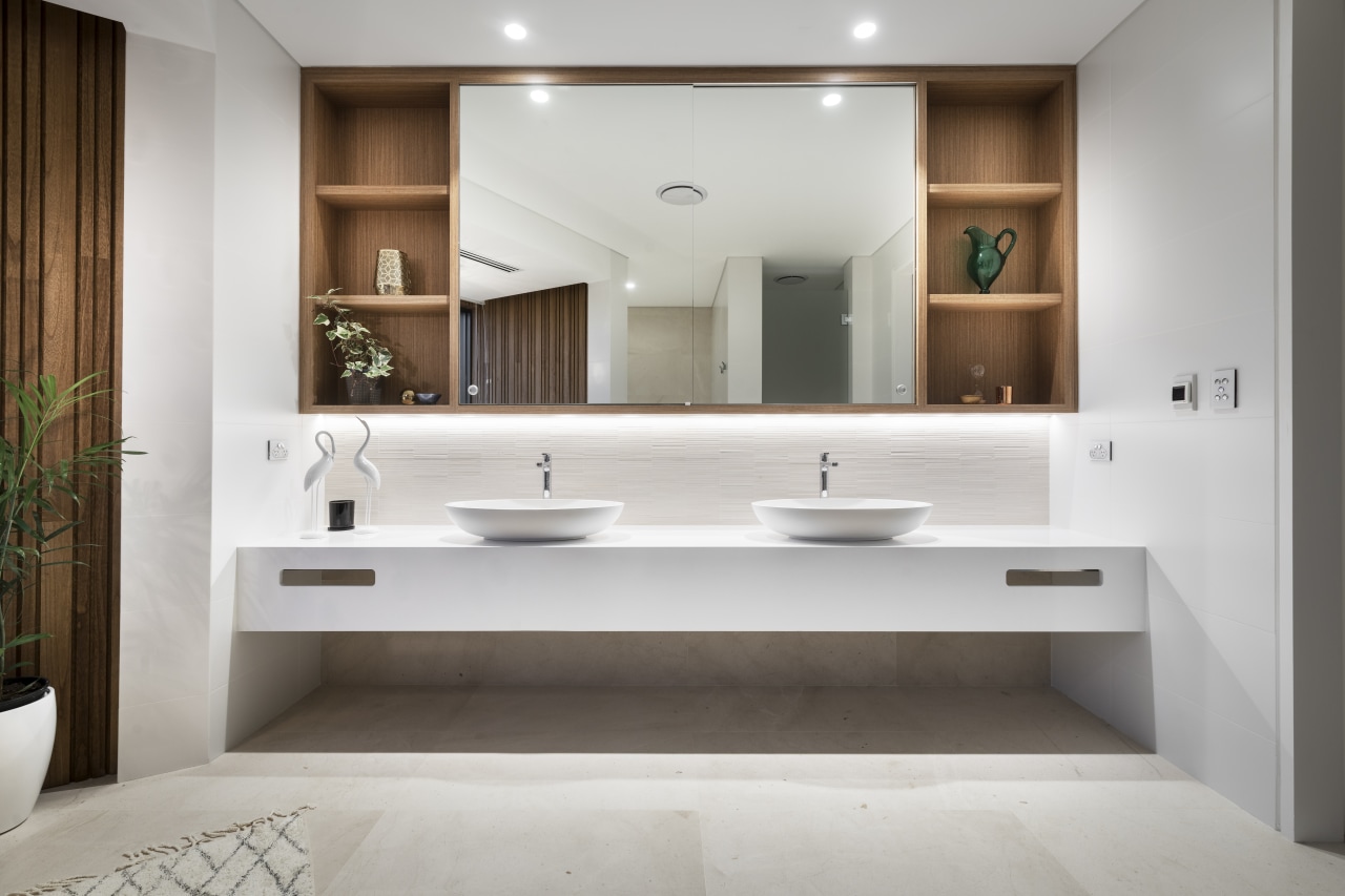 In one move to future-proof this master bathroom, gray