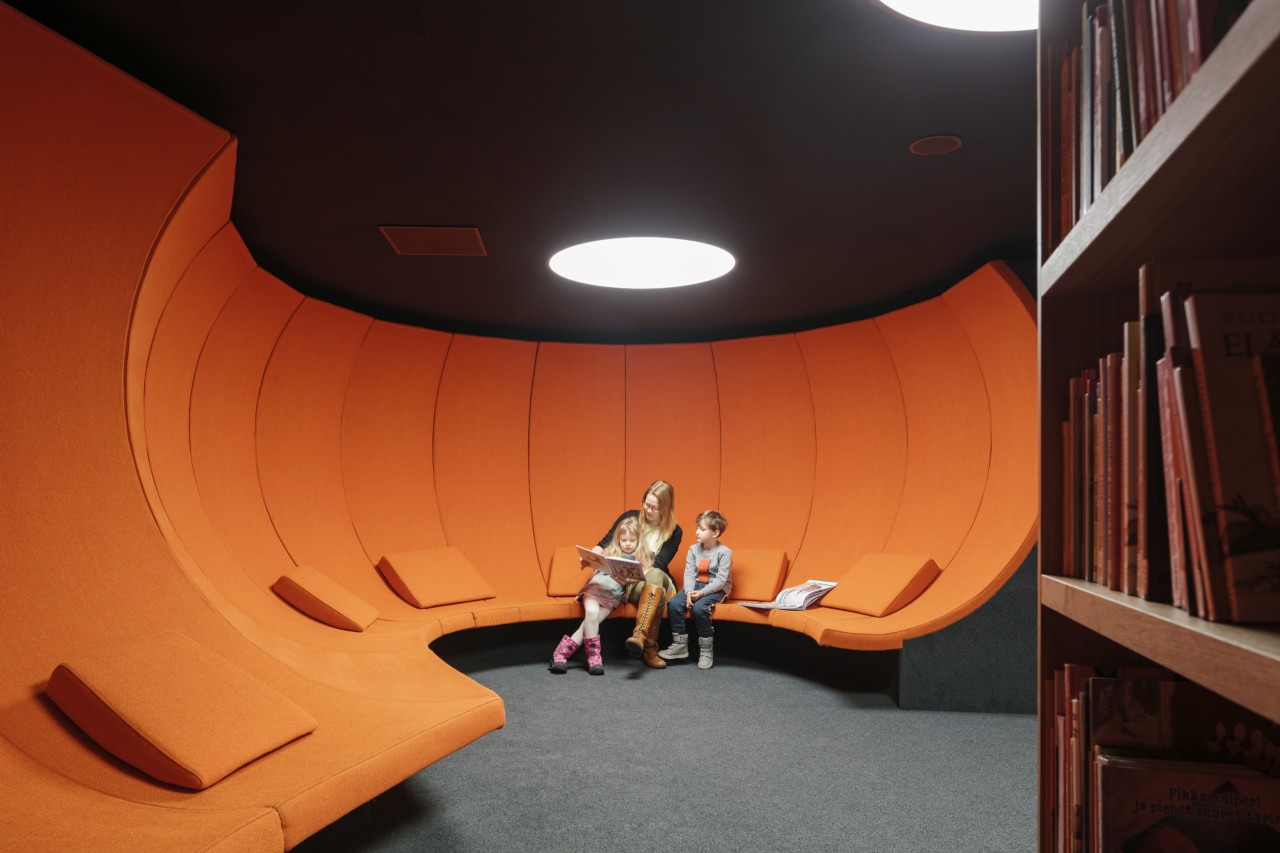 Take me away - the atmospheric reading room architecture, ceiling, design, interior design, orange, stairs, black