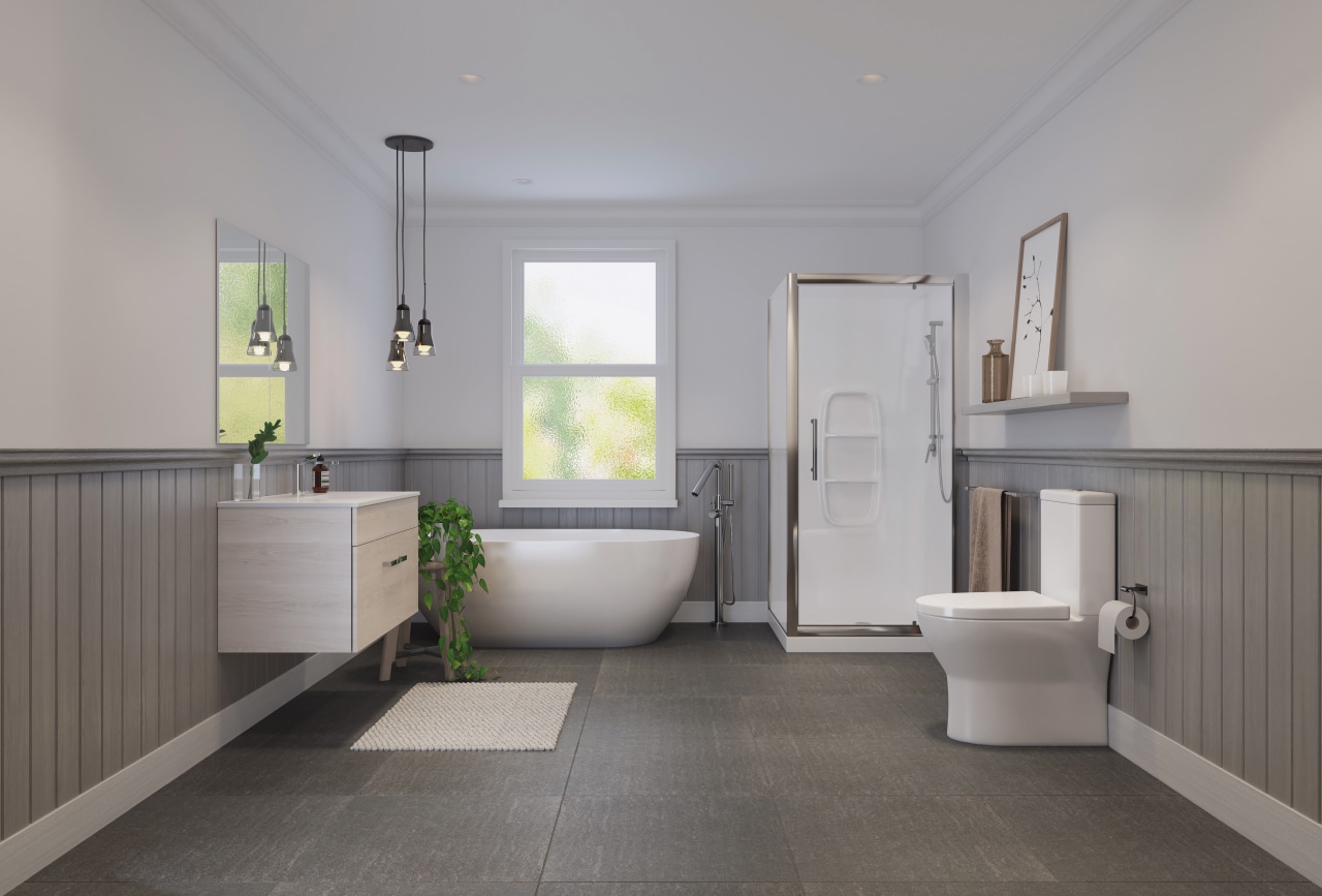 Bathroom by LeVivi - architecture | bathroom | architecture, bathroom, daylighting, floor, flooring, home, interior design, plumbing fixture, real estate, room, sink, tile, gray