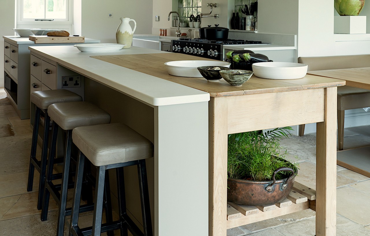 A vintage baker’s table and breakfast bar both 