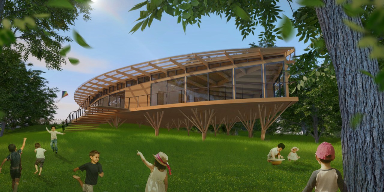 A world first in early childhood education – architecture, grass, leisure, pavilion, plant, structure, tree, brown