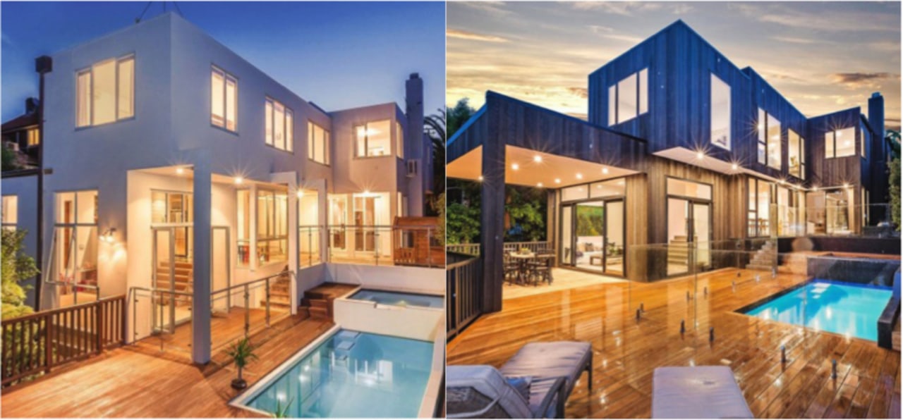 Before shot of a leaky house, and after apartment, architecture, building, condominium, design, estate, facade, furniture, home, house, interior design, mansion, property, real estate, residential area, roof, room, swimming pool, villa, window, orange