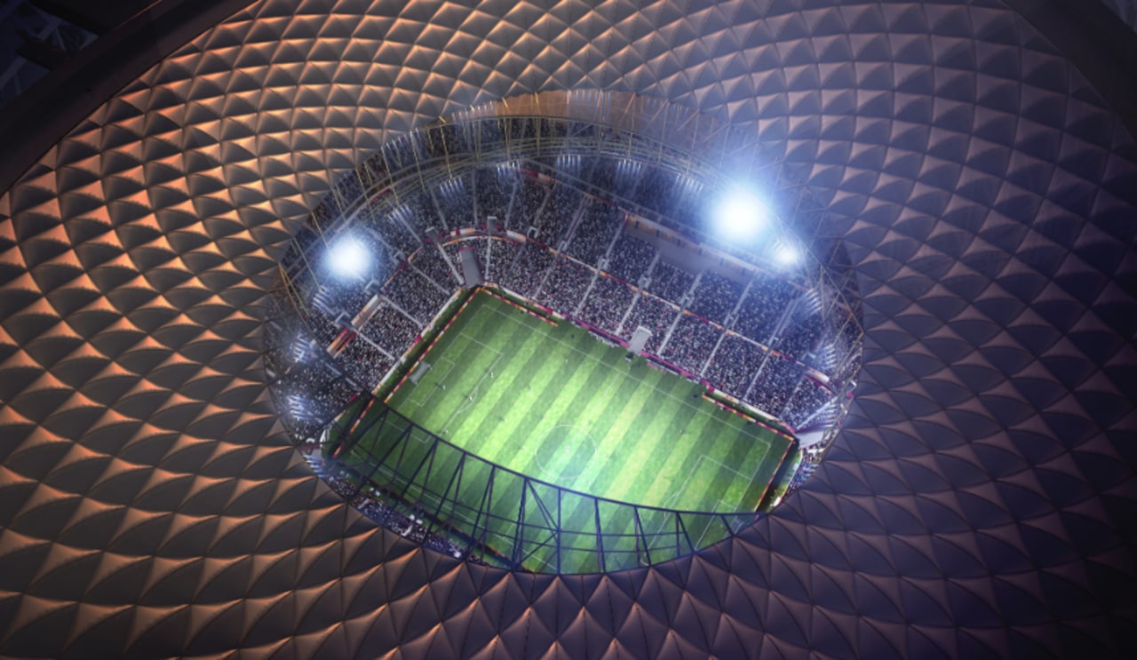 New look at Foster + Partners Lusail Stadium atmosphere, light, line, sport venue, structure, purple, black