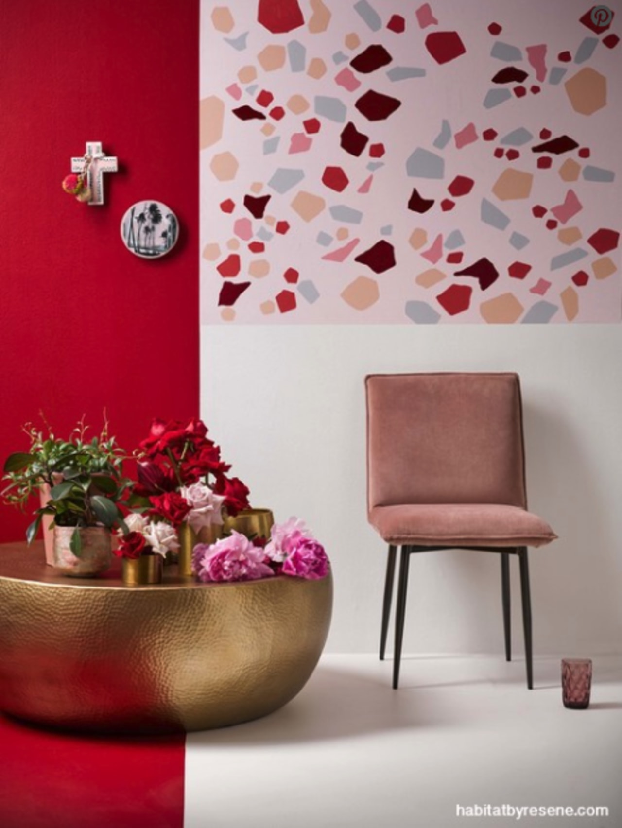 A bright modern happy space with a fun furniture, interior design, living room, pink, plant, red, room, wall, wallpaper, gray, red