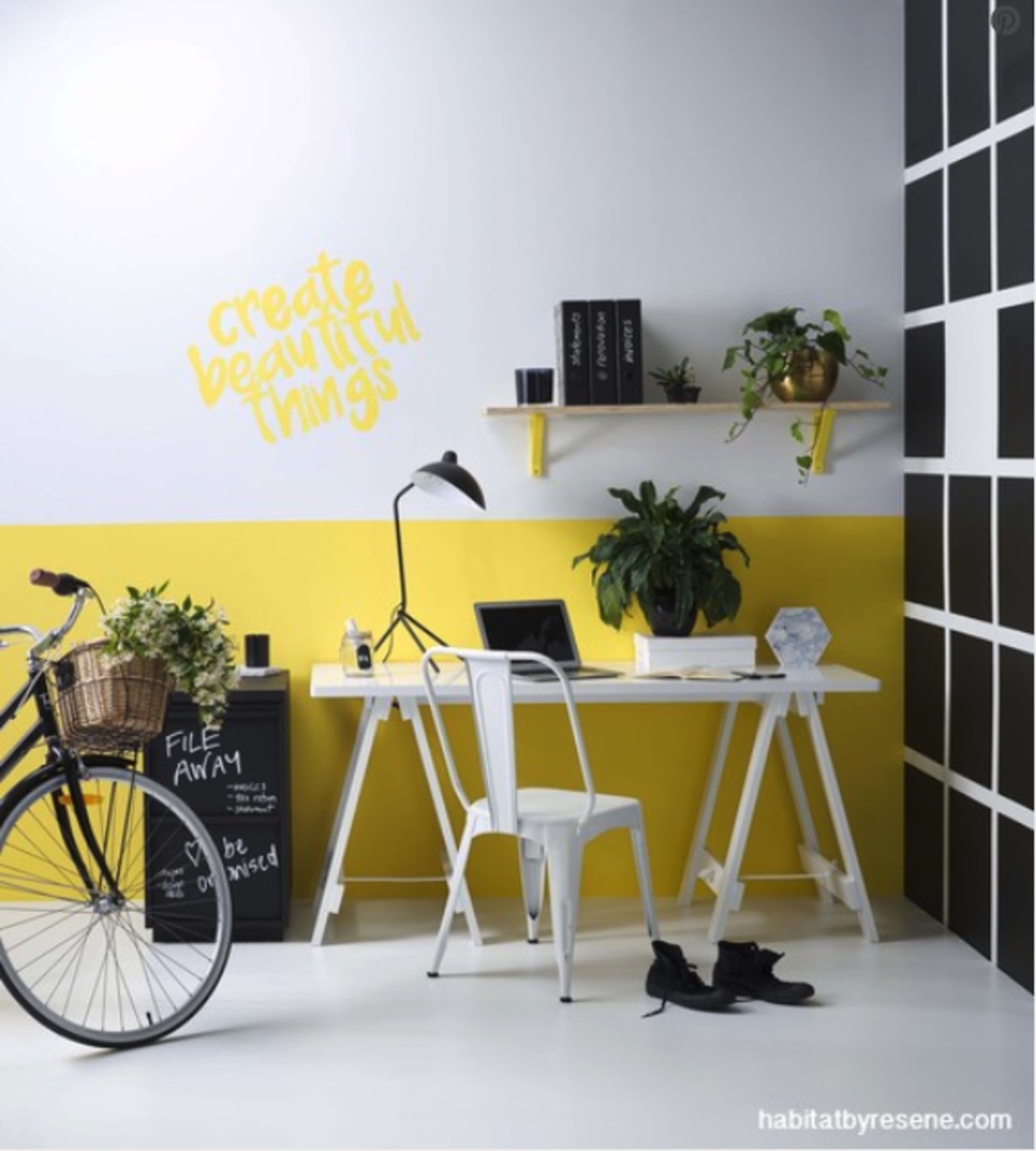 Yellow is the colour of sunshine and mental bicycle, bicycle wheel, chair, design, desk, furniture, interior design, office, room, shelf, table, vehicle, wall, wallpaper, yellow, white