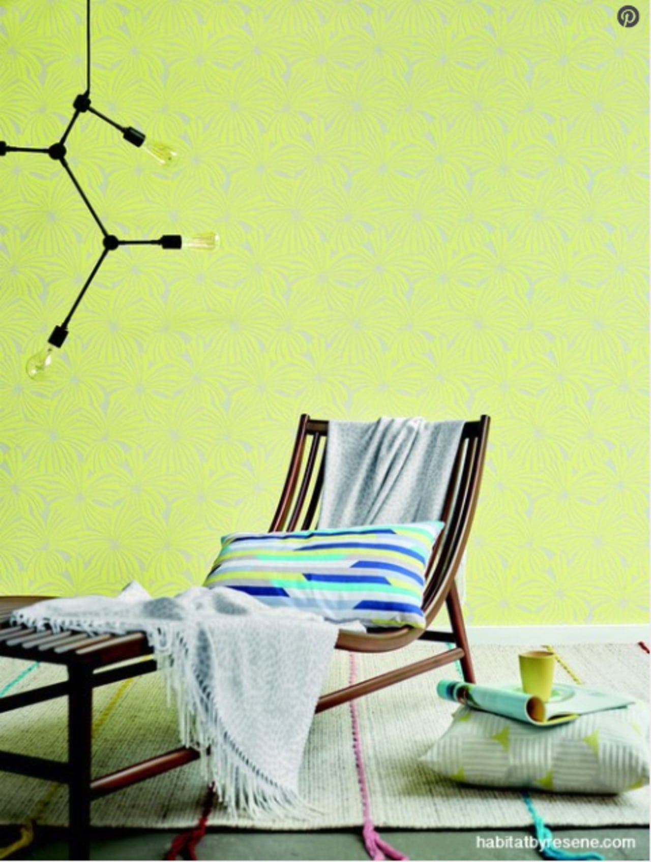 A deck chair inside? Why not? Bring the furniture, green, room, wall, wall sticker, wallpaper, yellow, yellow
