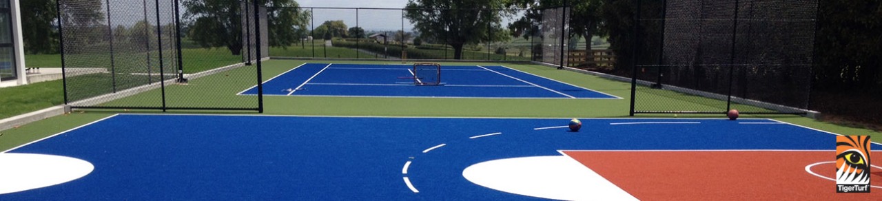 TigerTurf use different colours and line markings to ball game, floor, grass, leisure, line, play, sport venue, sports, stadium, tennis, tennis court, blue, black