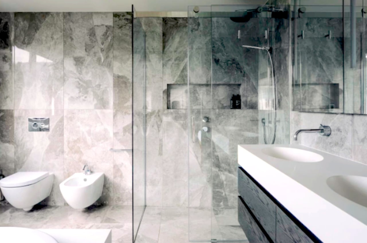 Bathroom design by Natalie Du Bois https://www.duboisdesign.co.nz/page/neutral-minimalist-parnell/ - bathroom, floor, flooring, interior design, plumbing fixture, room, tap, tile, wall, white, gray