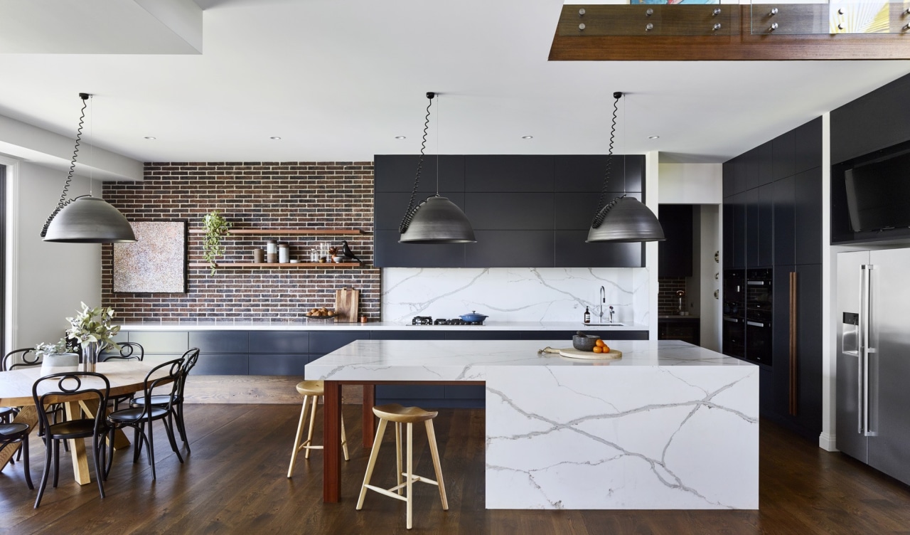 Smartstone Toowoomba Residence Two By Claire Stevens Interior architecture, cabinetry, countertop, cuisine classique, interior design, kitchen, loft, wood flooring, white, black