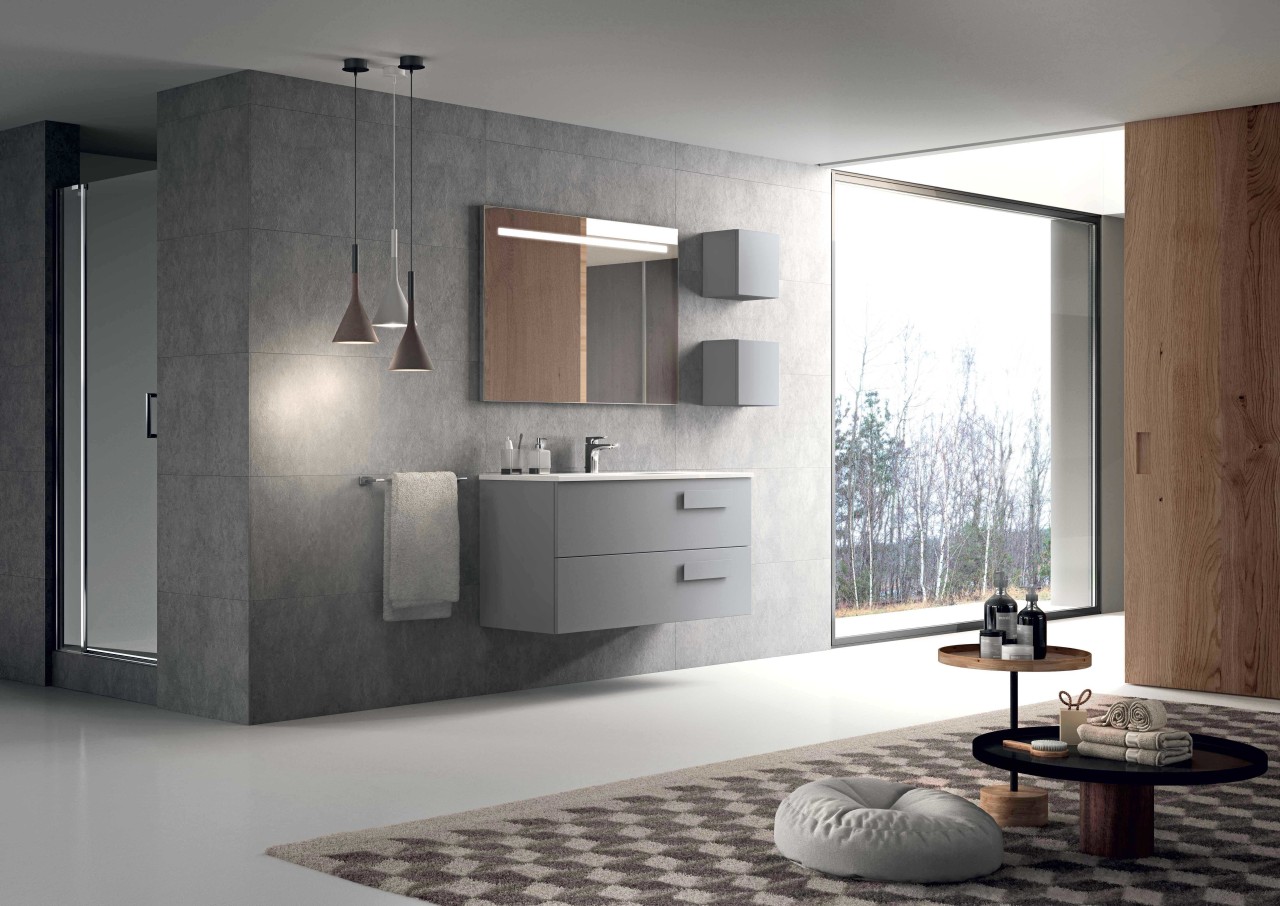 Italian flair for your bathroom architecture, bathroom, bathroom accessory, bathroom cabinet, building, cabinetry, ceiling, countertop, cupboard, floor, flooring, furniture, house, interior design, material property, property, room, sink, tap, tile, wall, gray, black