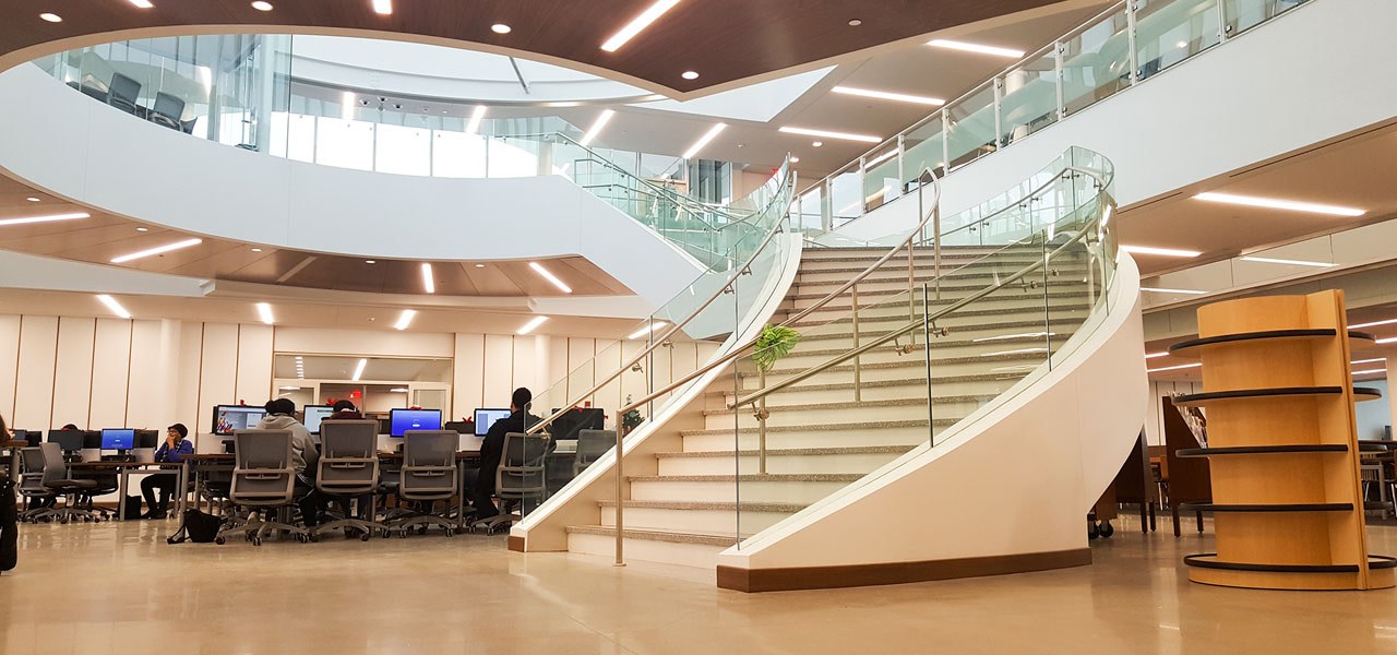 Suffolk County Community College 1 - architecture | architecture, building, daylighting, flooring, glass, handrail, interior design, lobby, stairs, white, orange