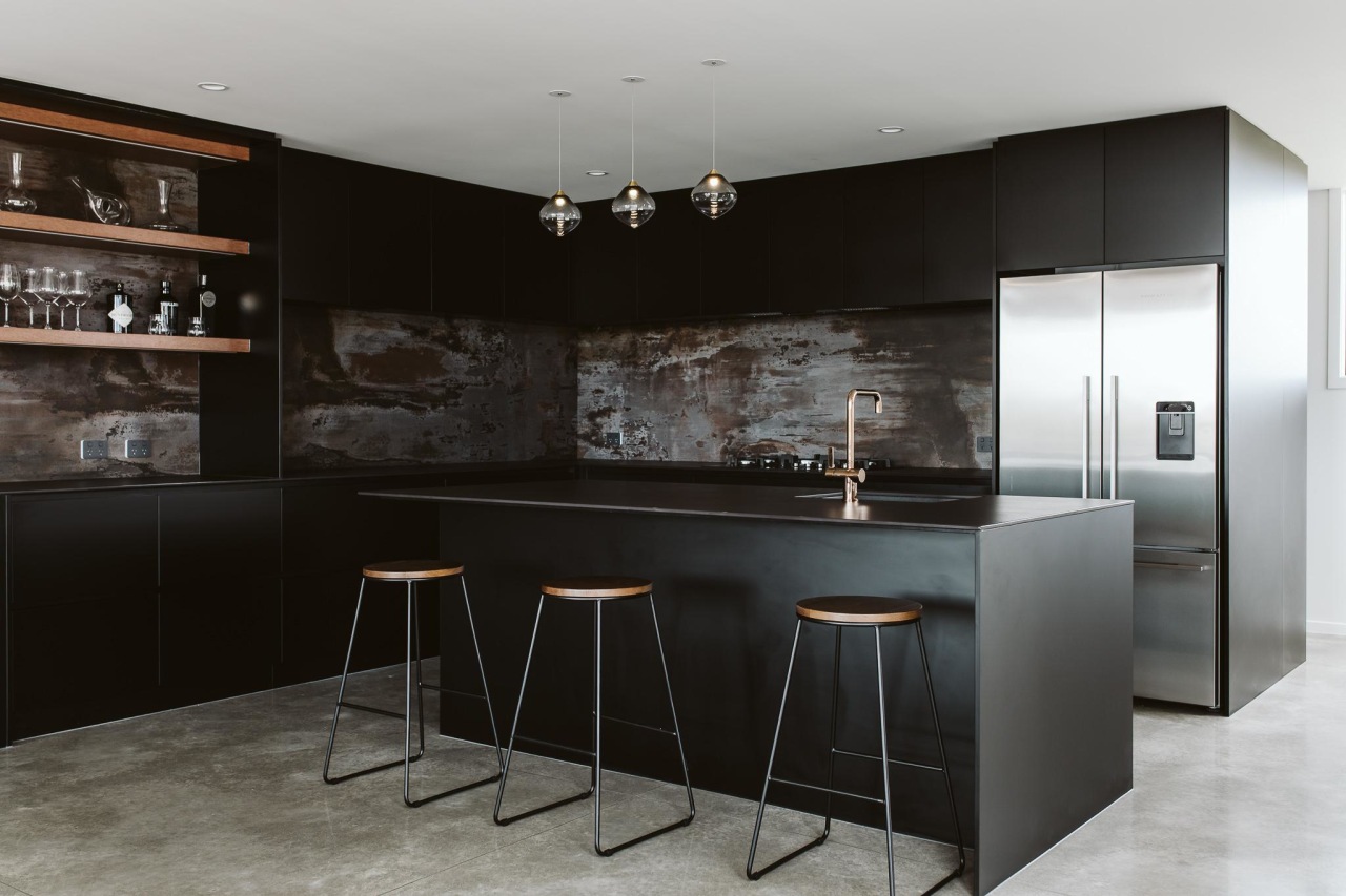 A distressed-look splashback and wood shelving punctuate the bar stool, black, building, cabinetry, ceiling, countertop, cupboard, design, dining room, floor, flooring, furniture, home, house, interior design, kitchen, kitchen stove, material property, property, room, table, black, gray