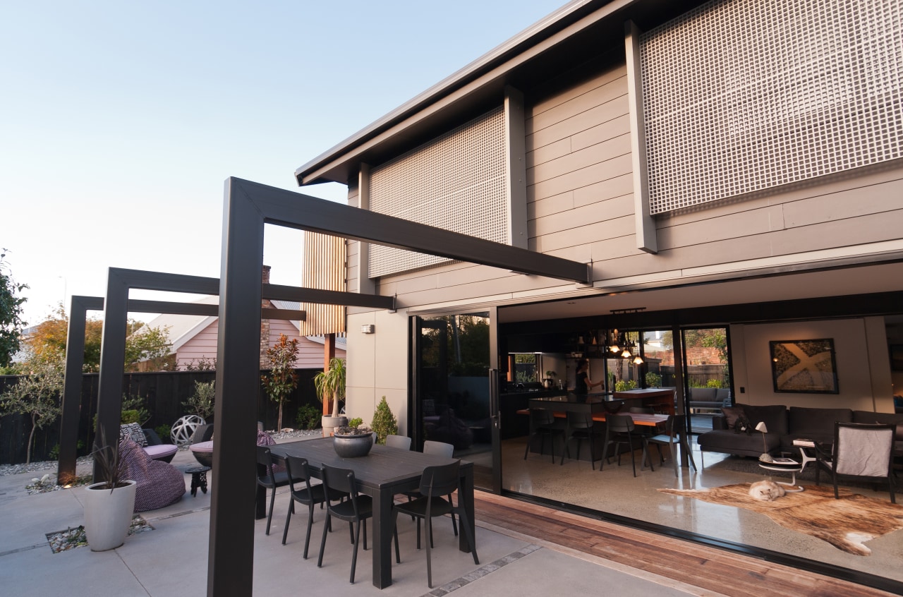 The steel pergola on the front of the architecture, building, facade, furniture, home, house, interior design, patio, pergola, property, real estate, roof, room, shade, white, black