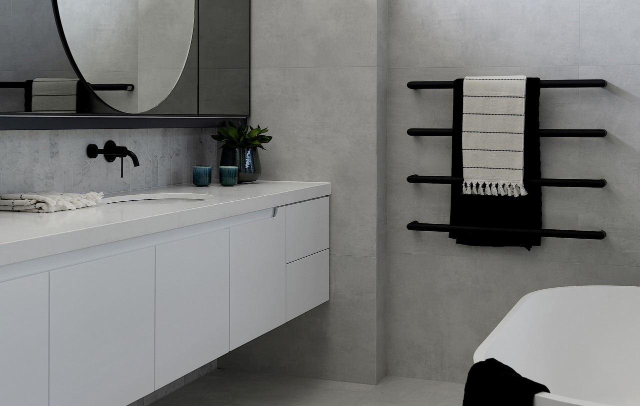 The master ensuite is cool and contemporary in 