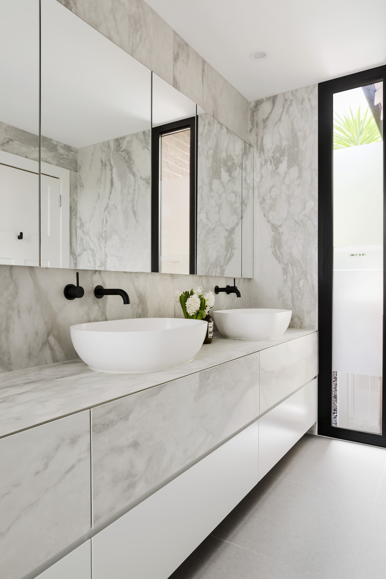 Bathroom designed by architect Linda Simmons – see bathroom, countertop, floor, home, interior design, room, sink, tap, tile, gray