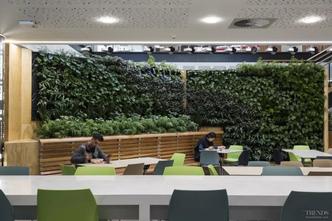 The Datacom building features a green wall plant, roof, gray