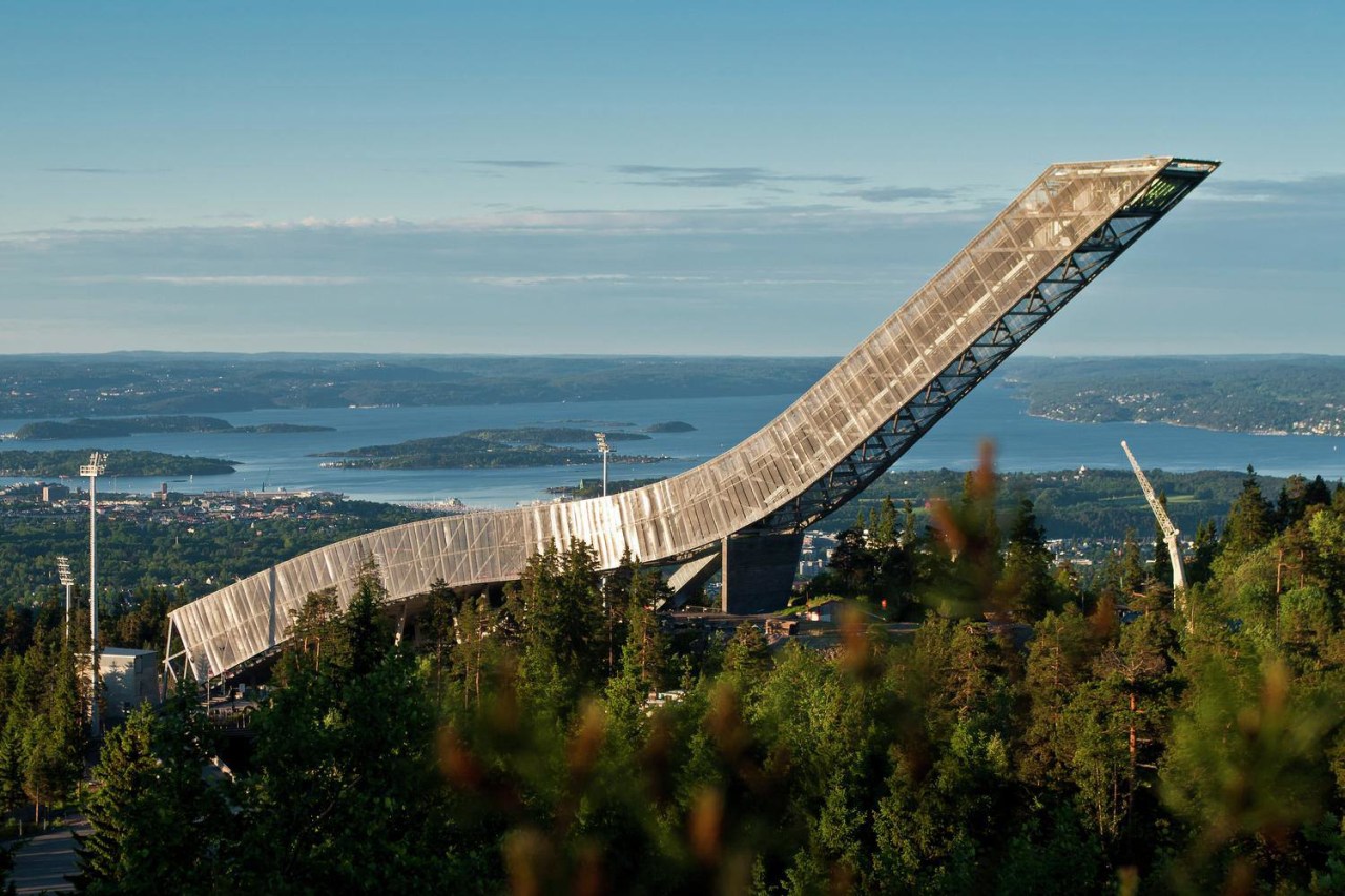 The design of the new Holmenkollen Ski Jump bridge, extradosed bridge, fixed link, sky, tree, teal