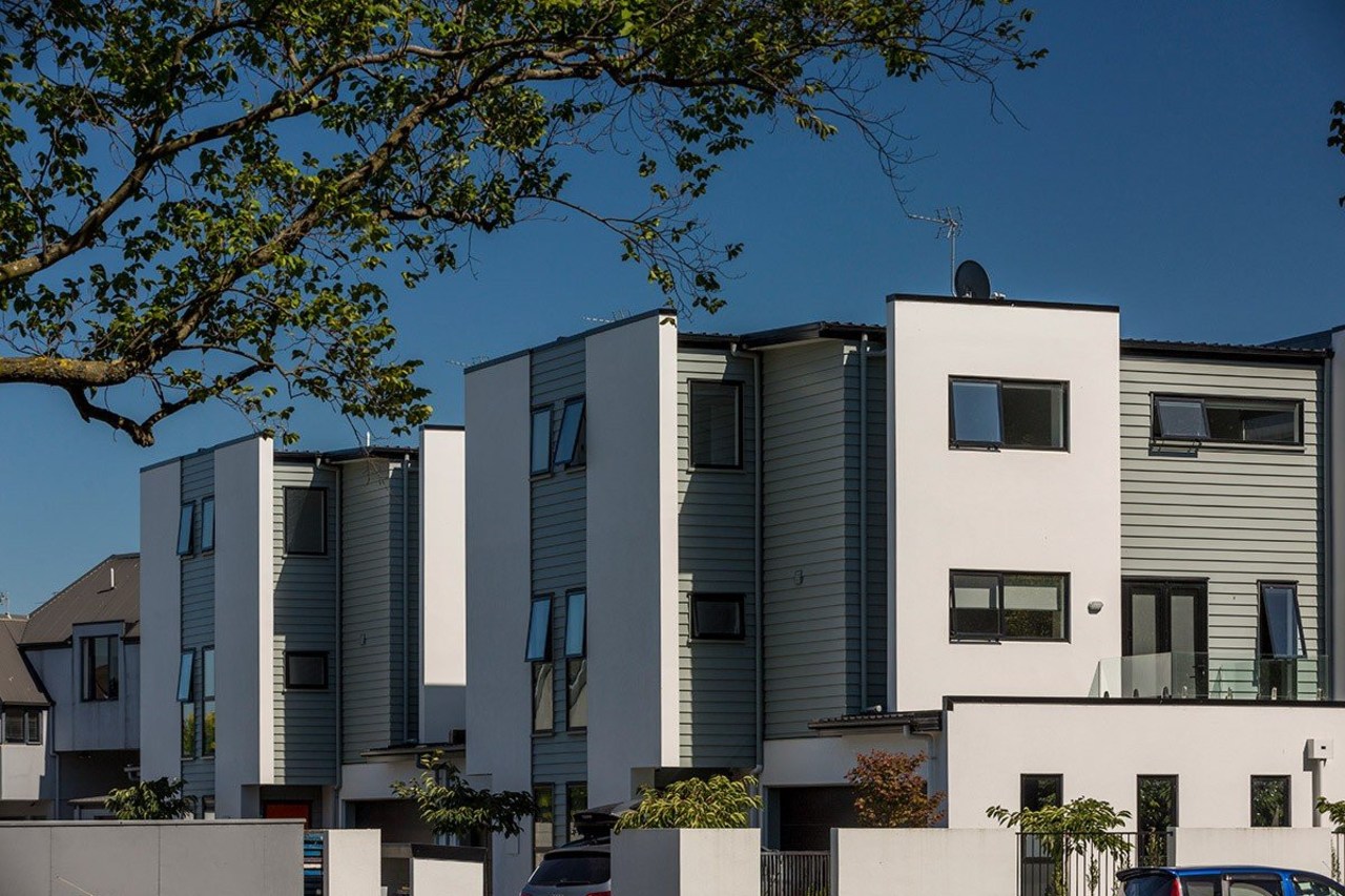 Contemporary Christchurch apartments featuring Envira weatherboards apartment, architecture, building, condominium, elevation, facade, home, house, mixed use, neighbourhood, property, real estate, residential area, black, blue