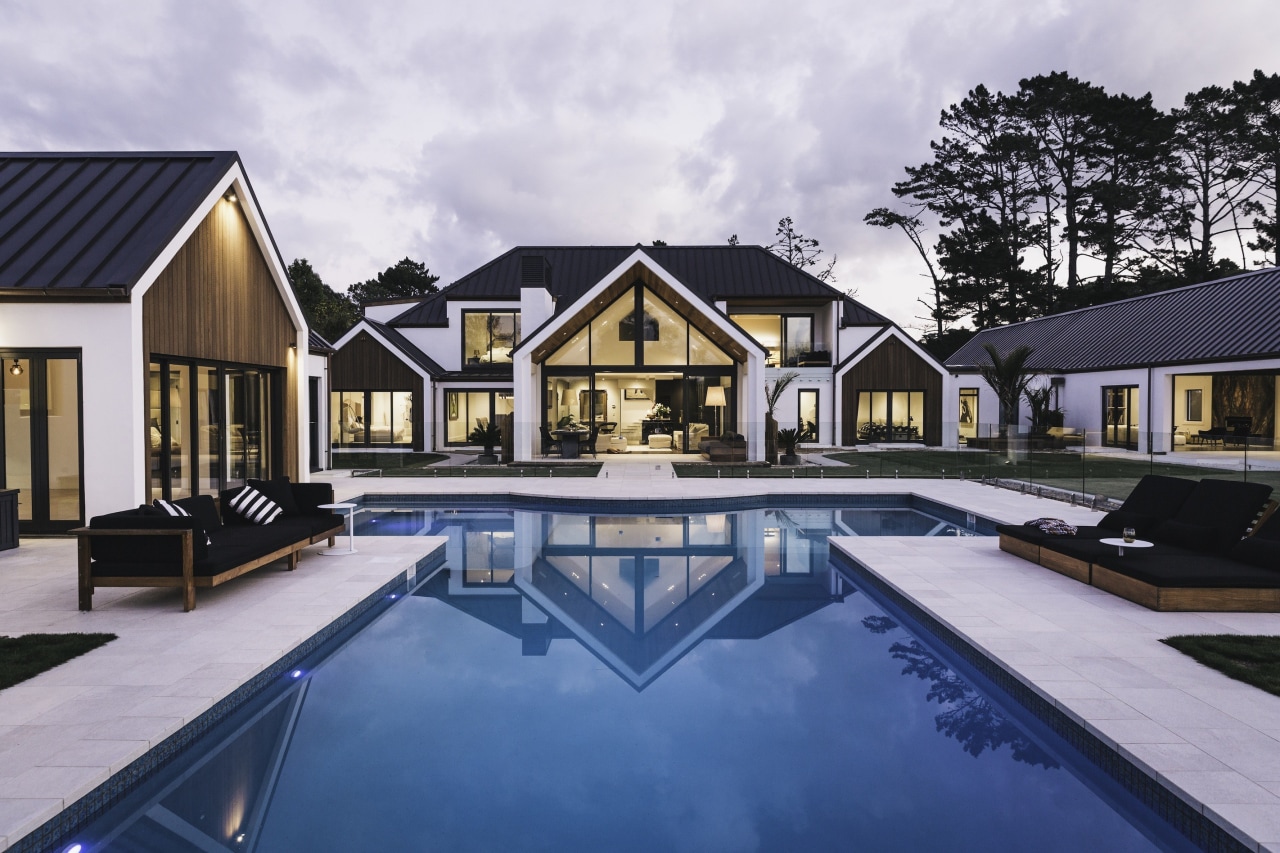 Bindon Design Group - Winner – 2016 TIDA architecture, cottage, estate, home, house, property, real estate, reflection, residential area, swimming pool, villa, water, gray, blue