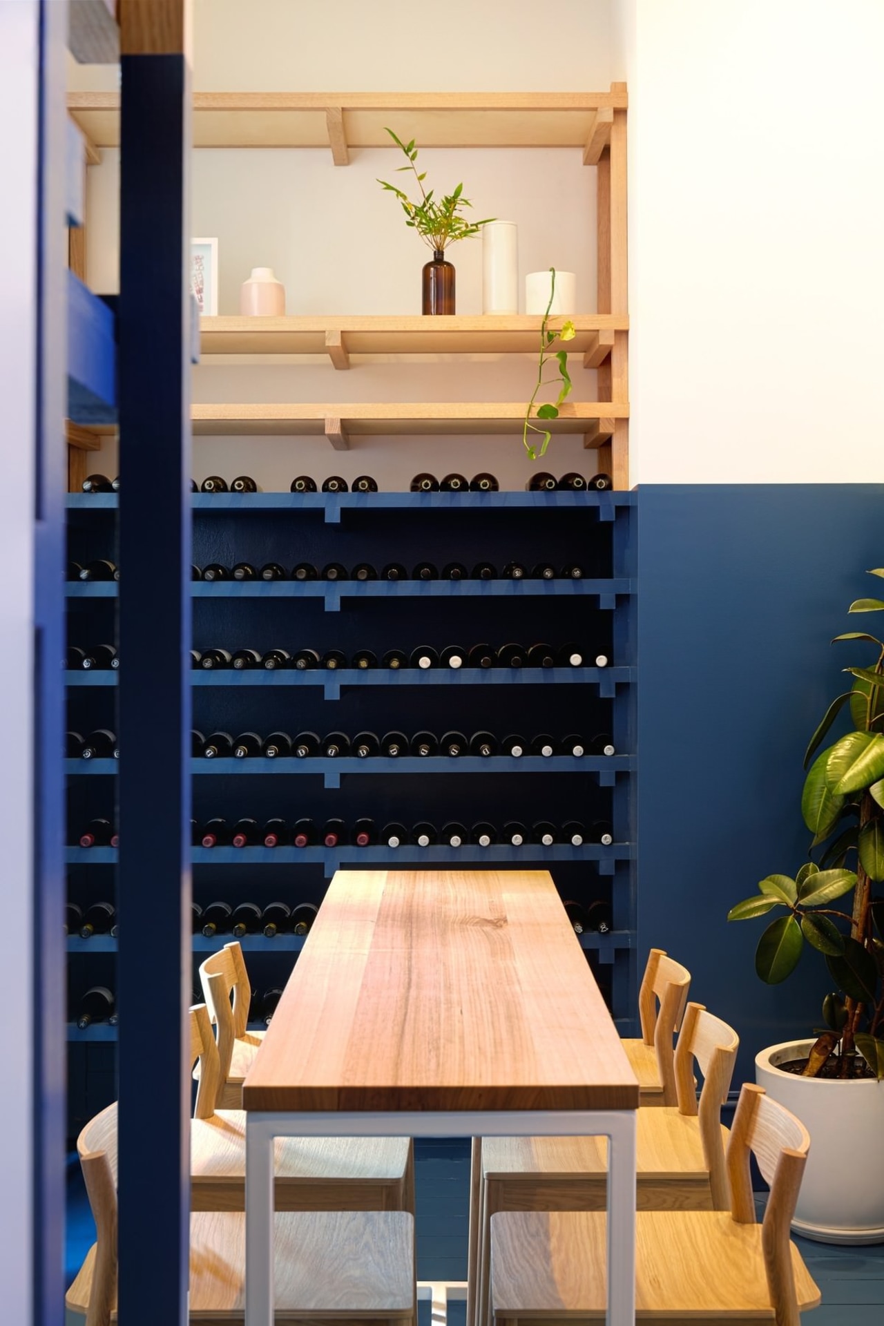 Architect: Studio GramPhotography by Jonathan VDK furniture, interior design, shelf, shelving, table, wood, blue