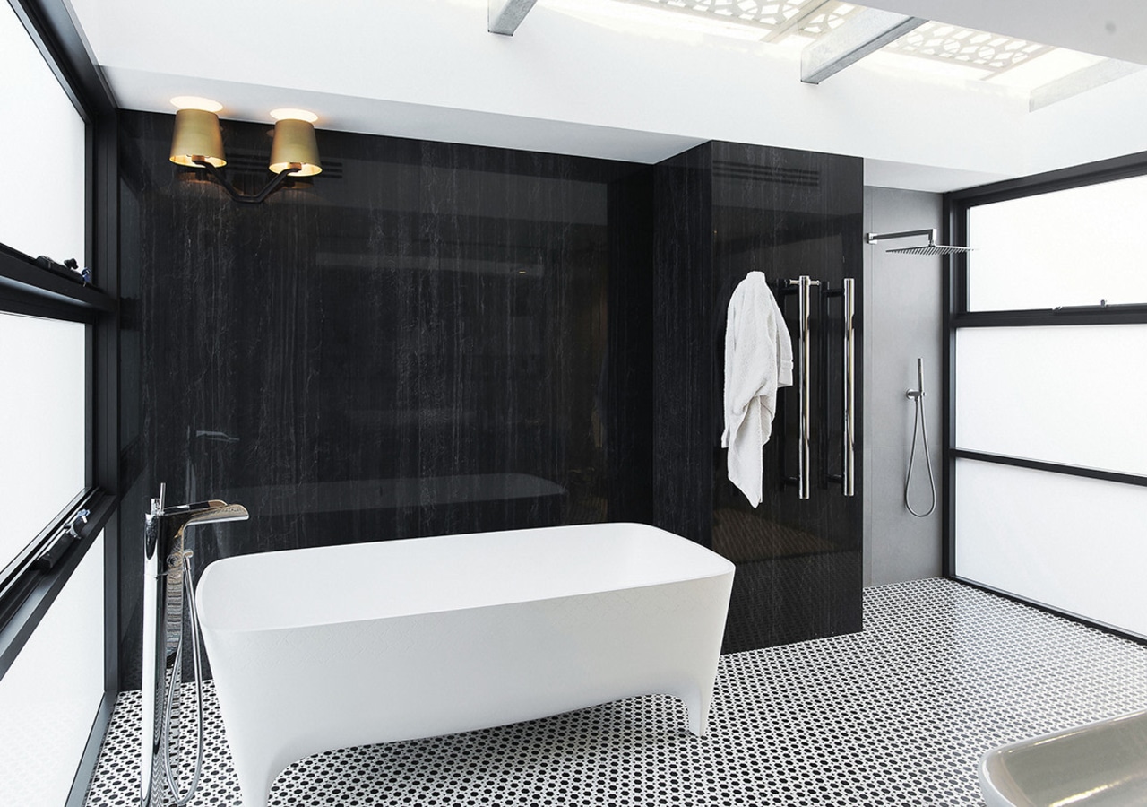 Large porcelain panels create a wood-look feature surface bathroom, floor, interior design, room, white, black, porcelain panels, towel rail, sconces