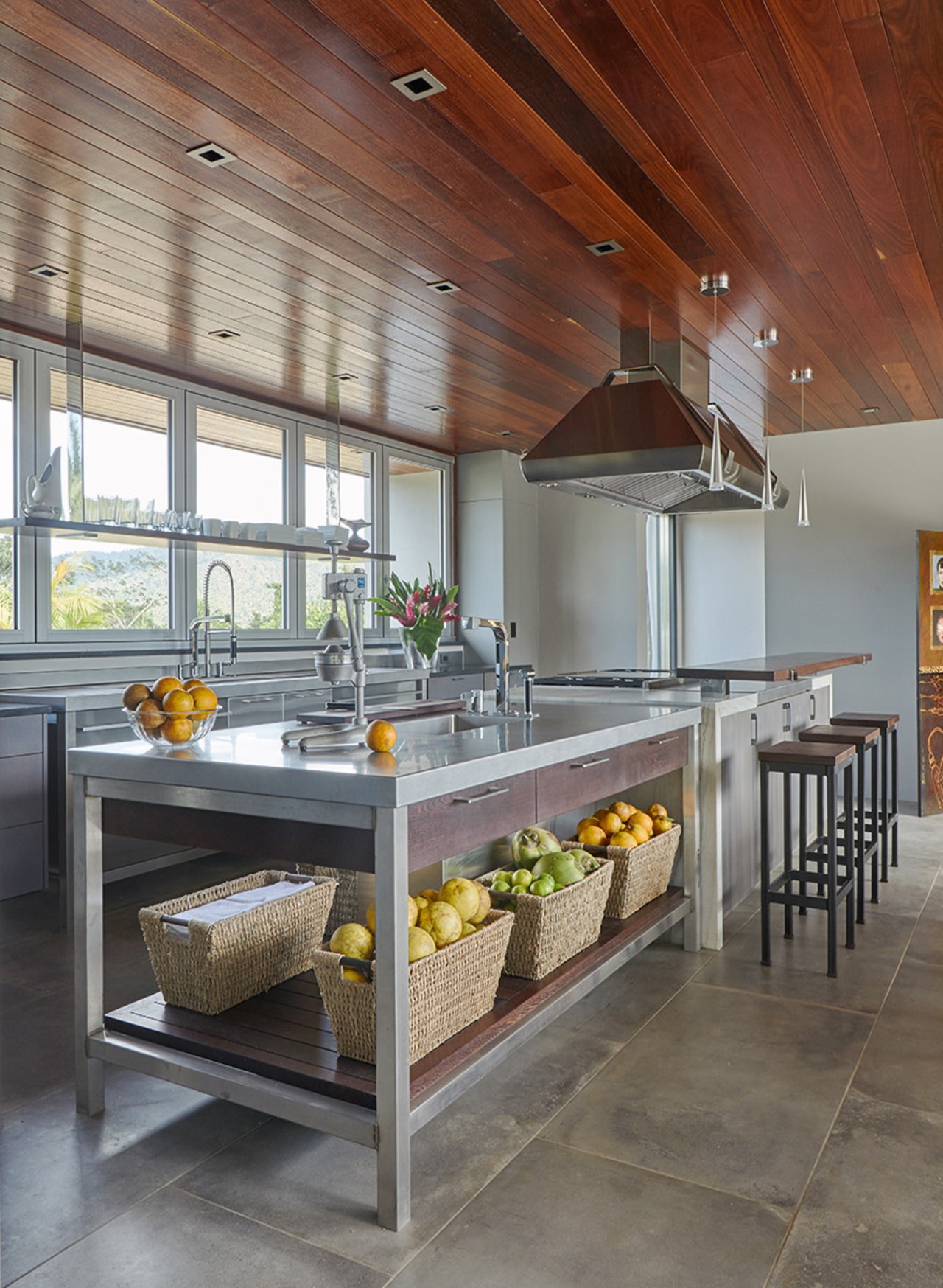 In this kitchen, the prep bench with its ceiling, countertop, interior design, kitchen, real estate, gray