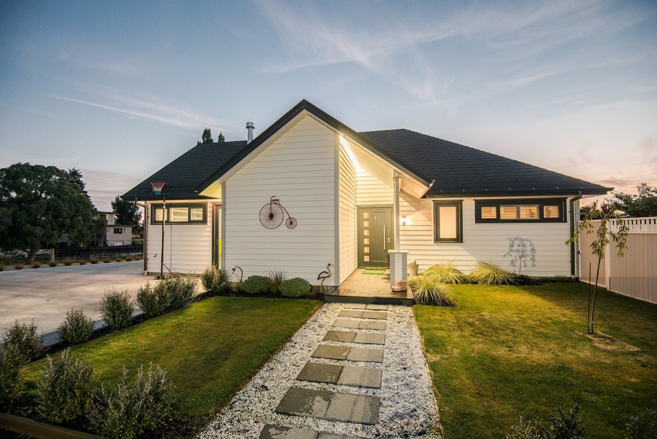 Back Entranceway To Lovely Weatherboard Home building, cottage, estate, facade, farmhouse, home, house, landscape, property, real estate, residential area, siding, sky, suburb, yard, gray, brown