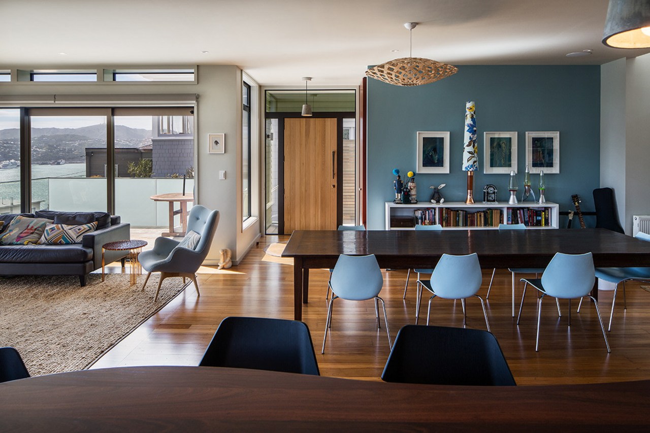 Subtle blue paint in this home looks furniture, interior design, real estate, table, gray, brown